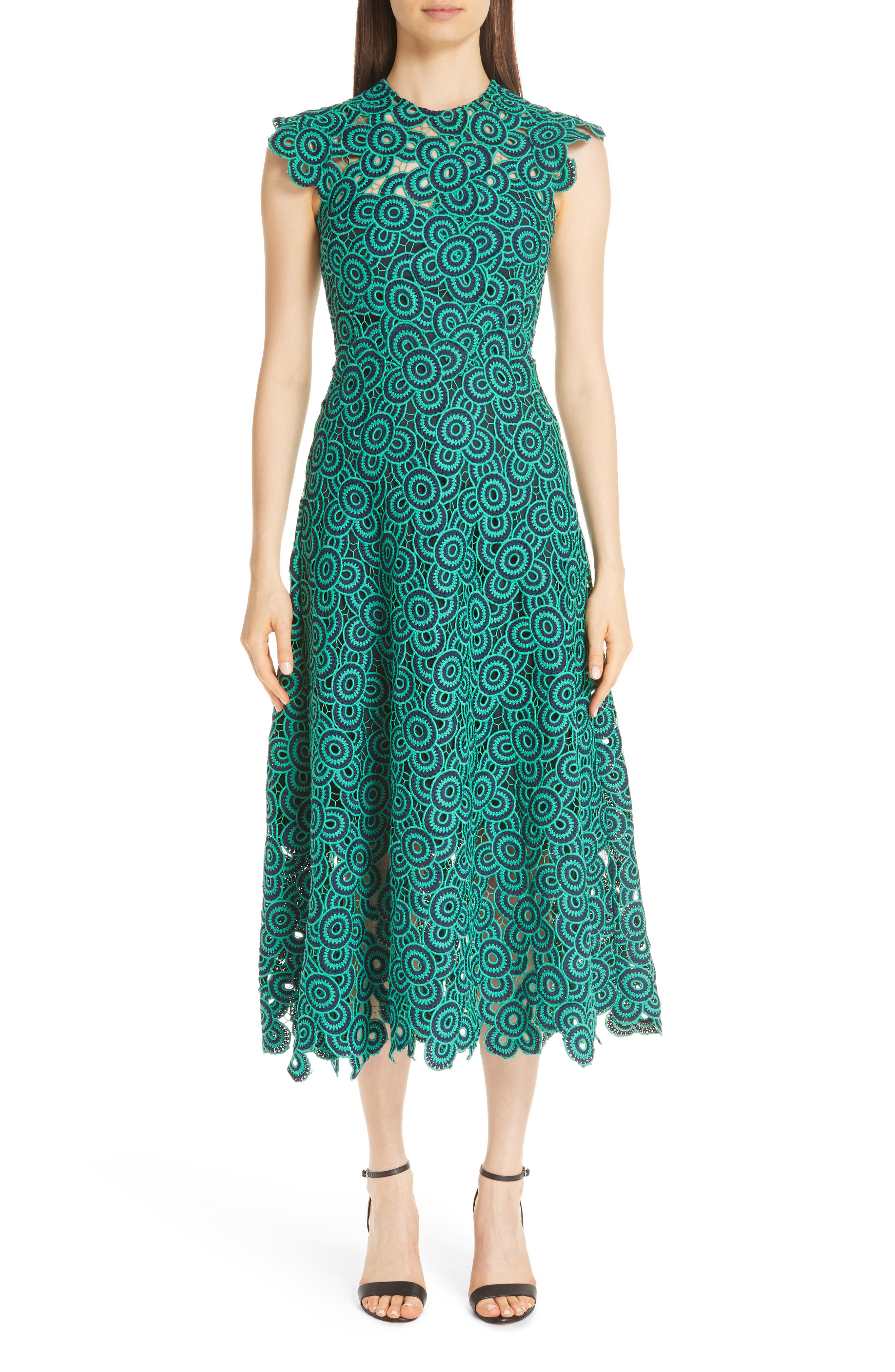 Lela Rose Crochet Circle Midi Dress, Blue