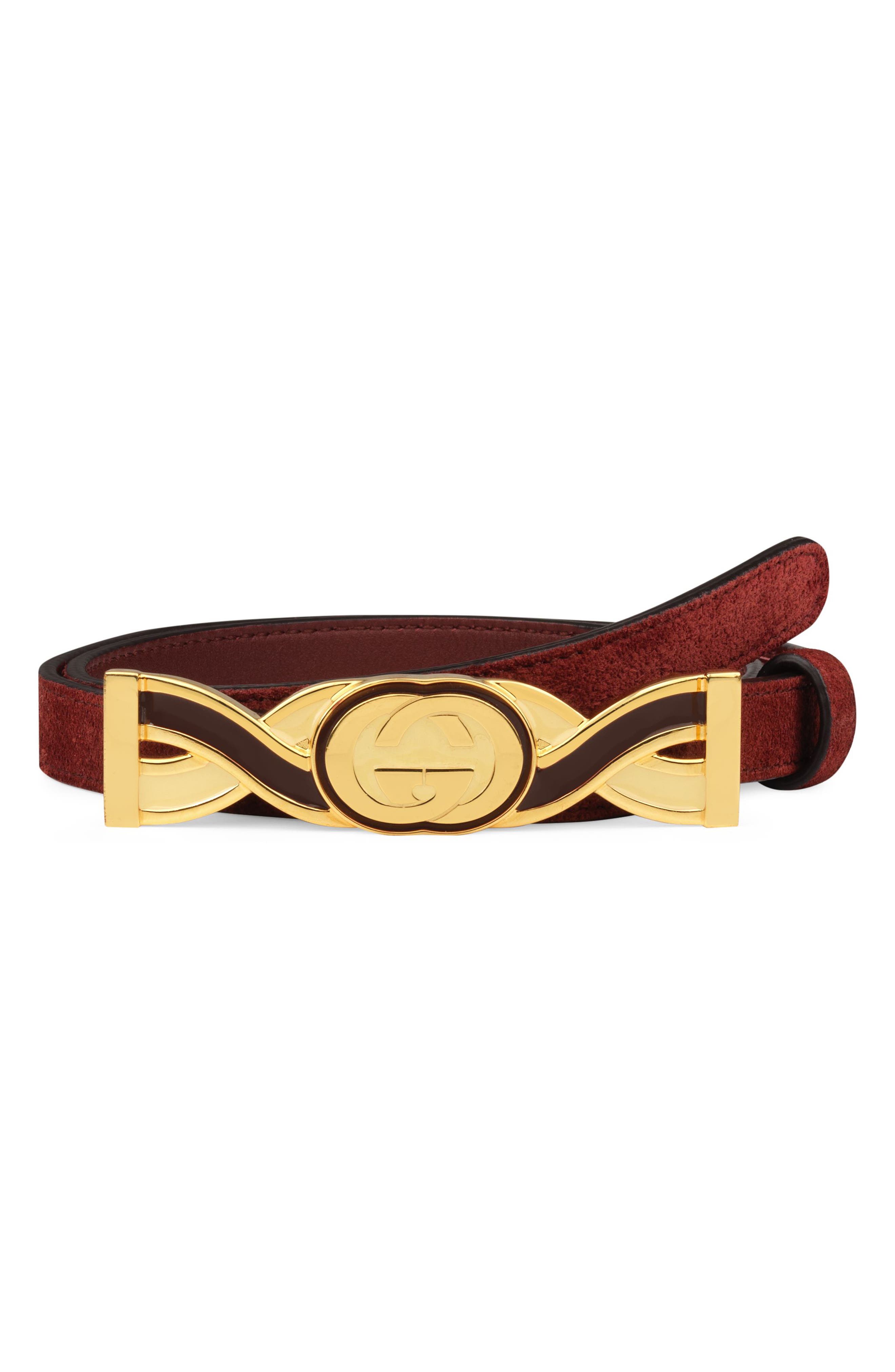 Gucci Interlocking-G Buckle Skinny Suede Belt, Vintage Bordeaux