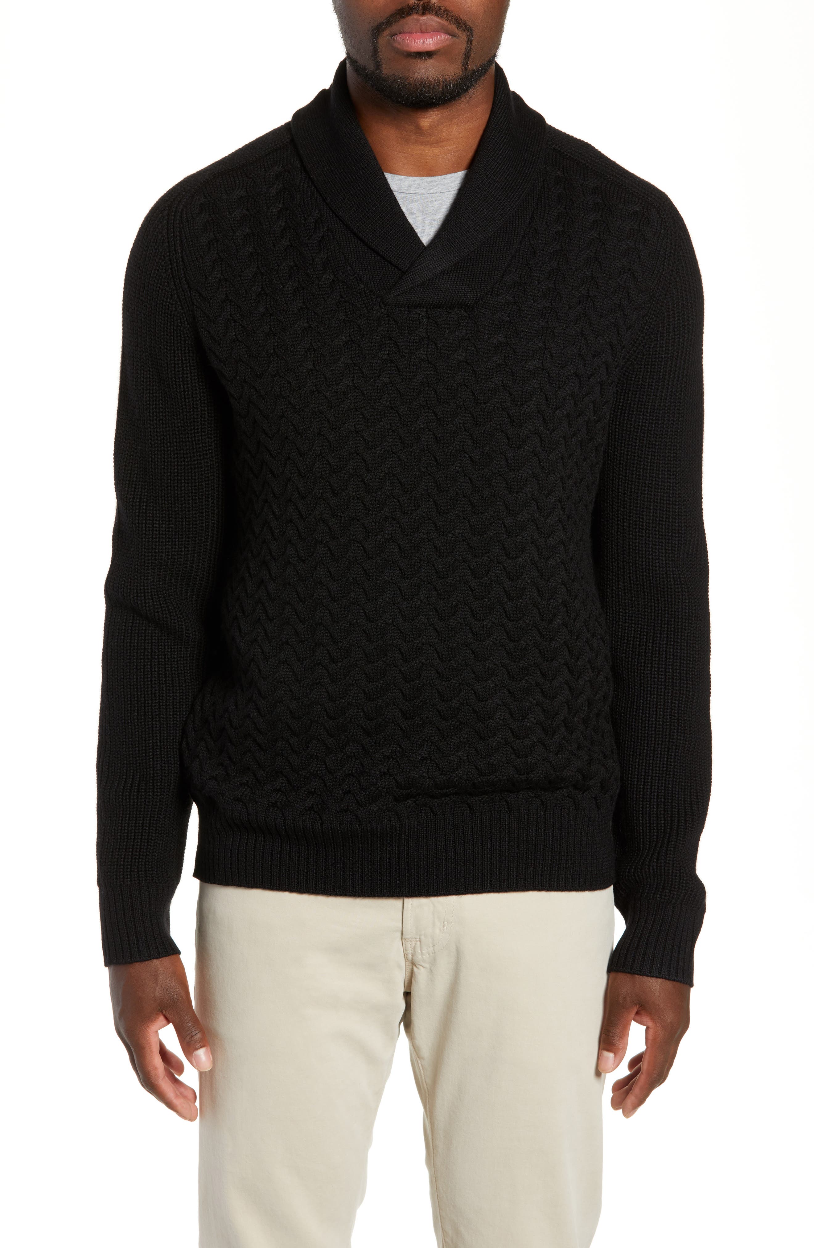 Nordstrom Signature Merino Wool Shawl Collar Sweater, Black