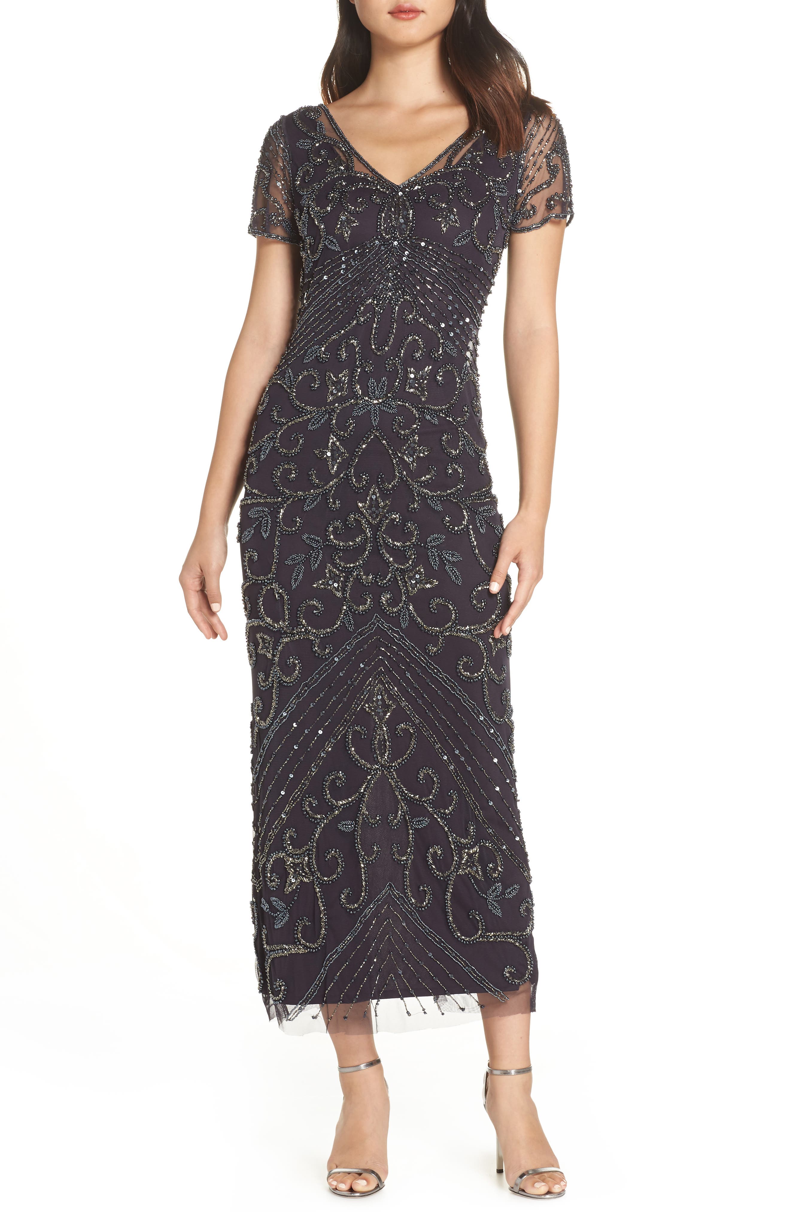 Petite Pisarro Nights Beaded Longline Gown, Purple