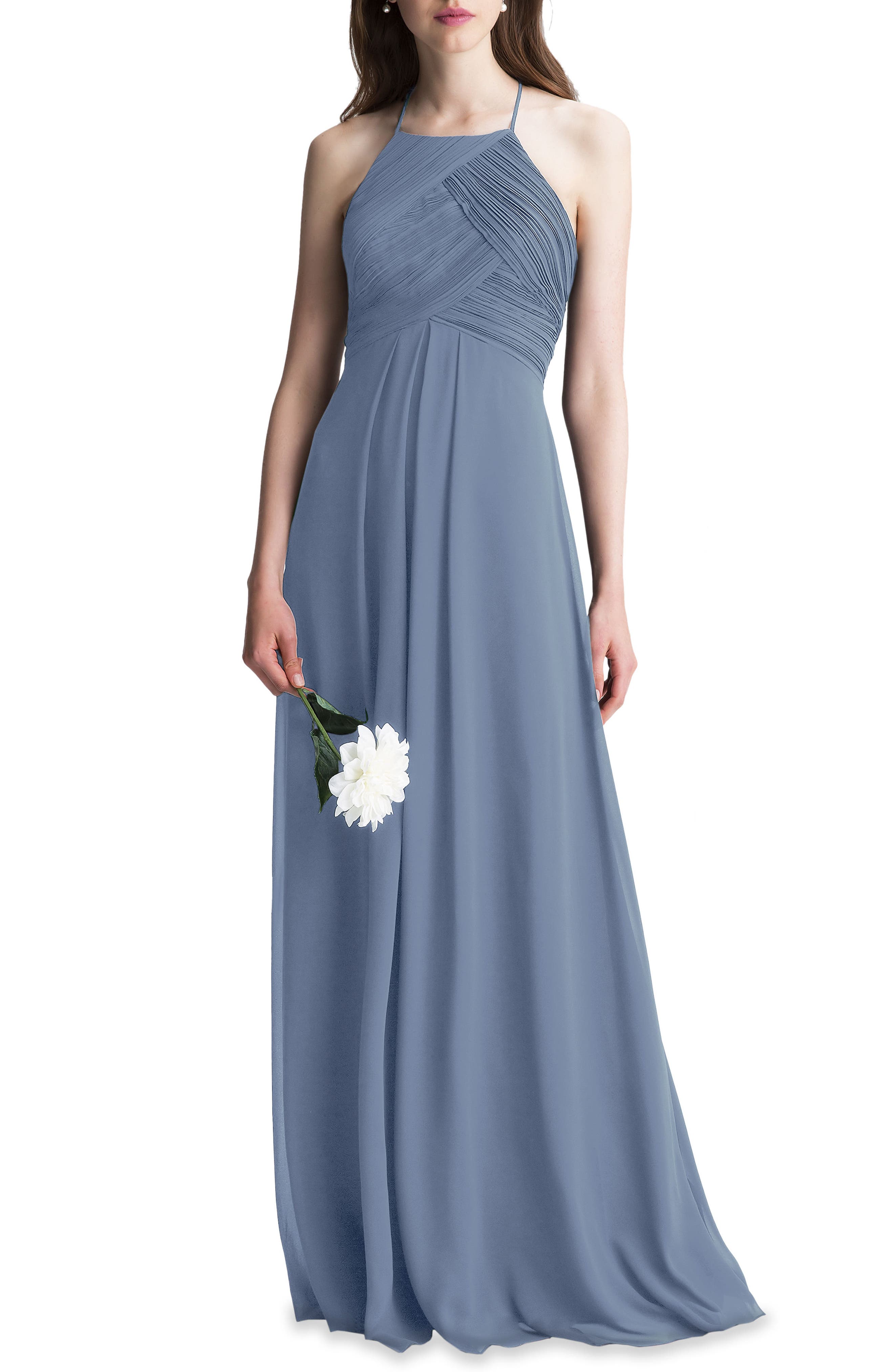 #levkoff Halter Chiffon A-Line Gown, Grey
