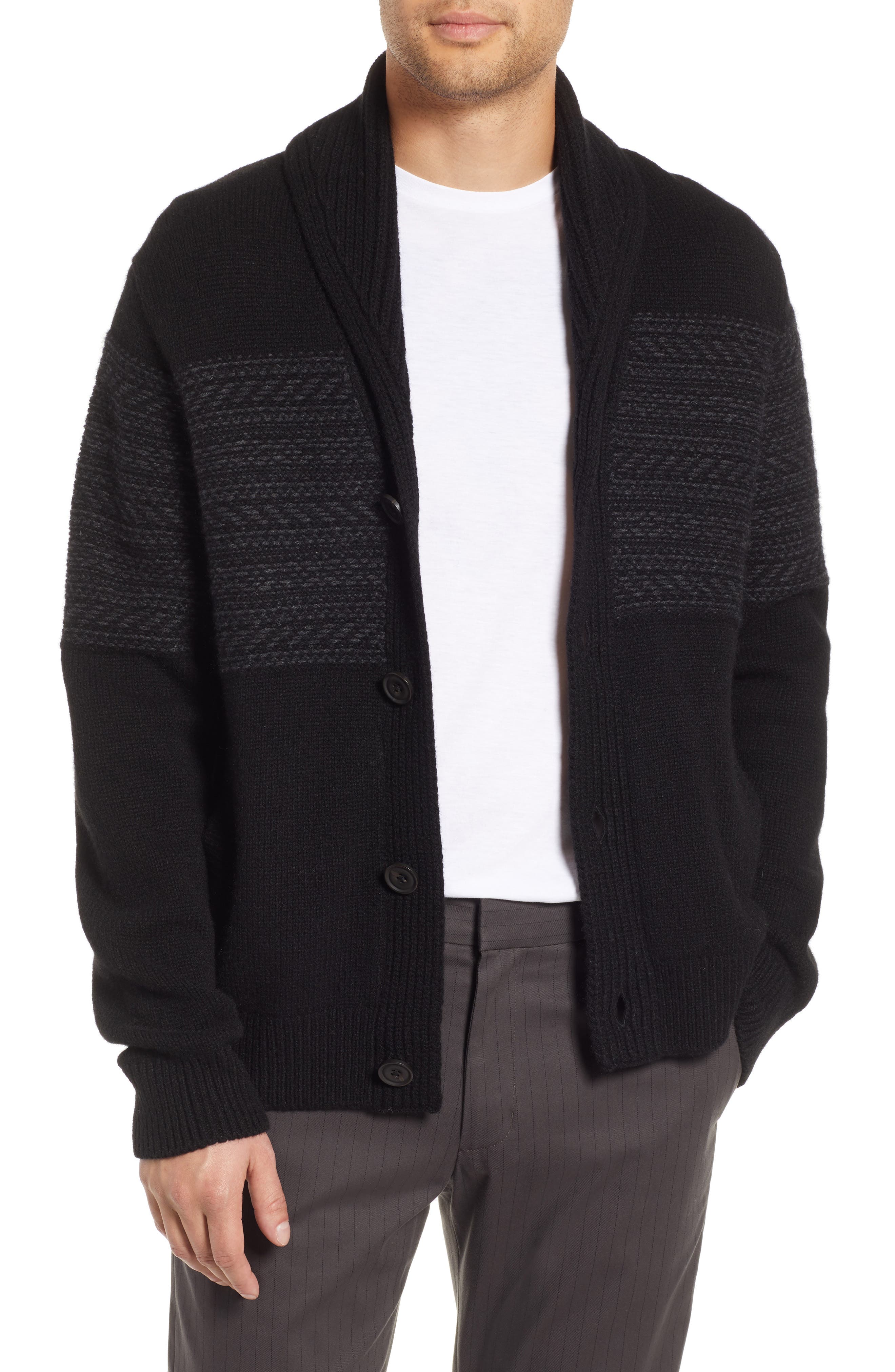 Vince Regular Fit Fair Isle Pattern Cardigan, Black