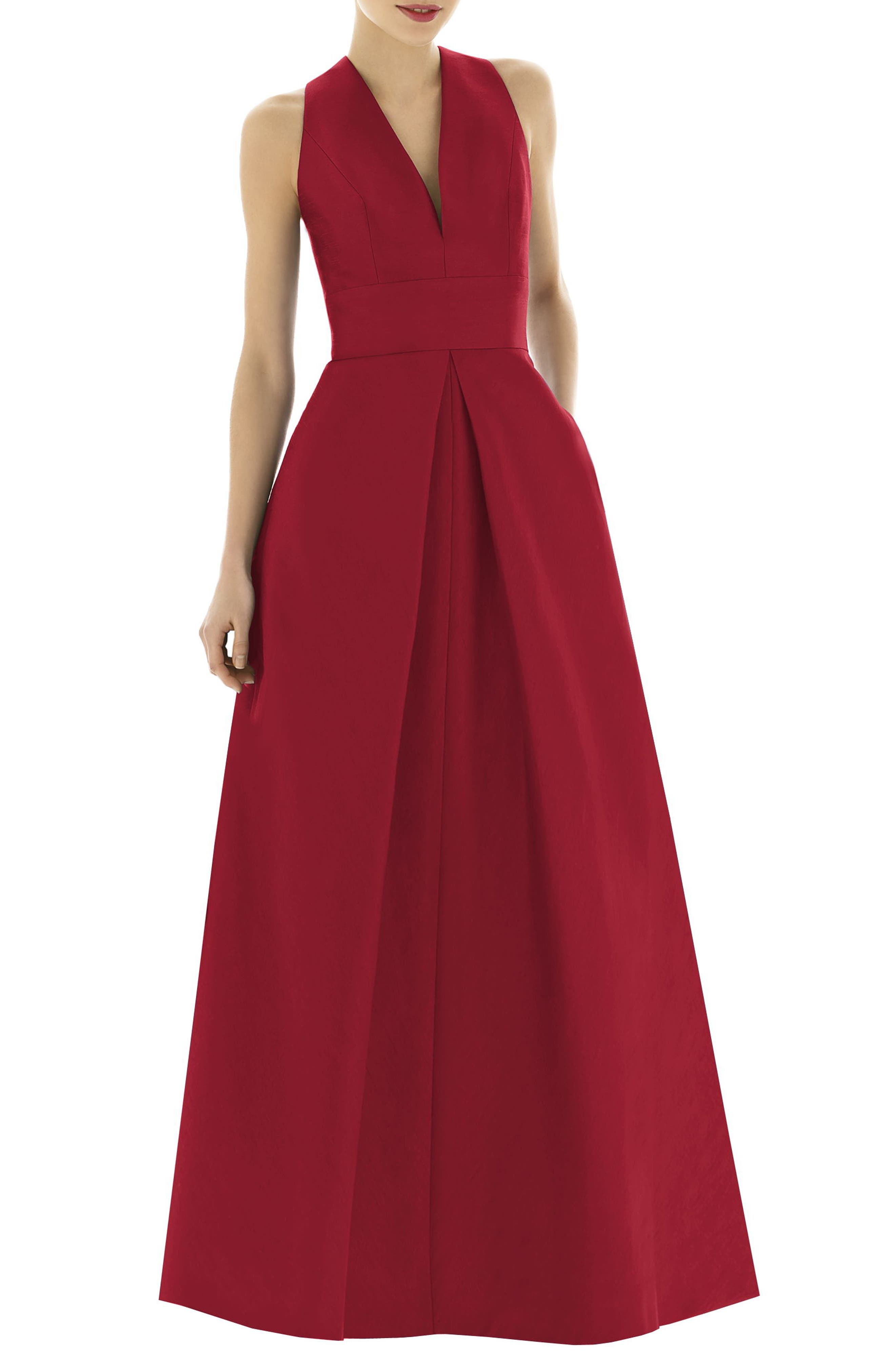 Alfred Sung V-Neck Dupioni Evening Gown, Red