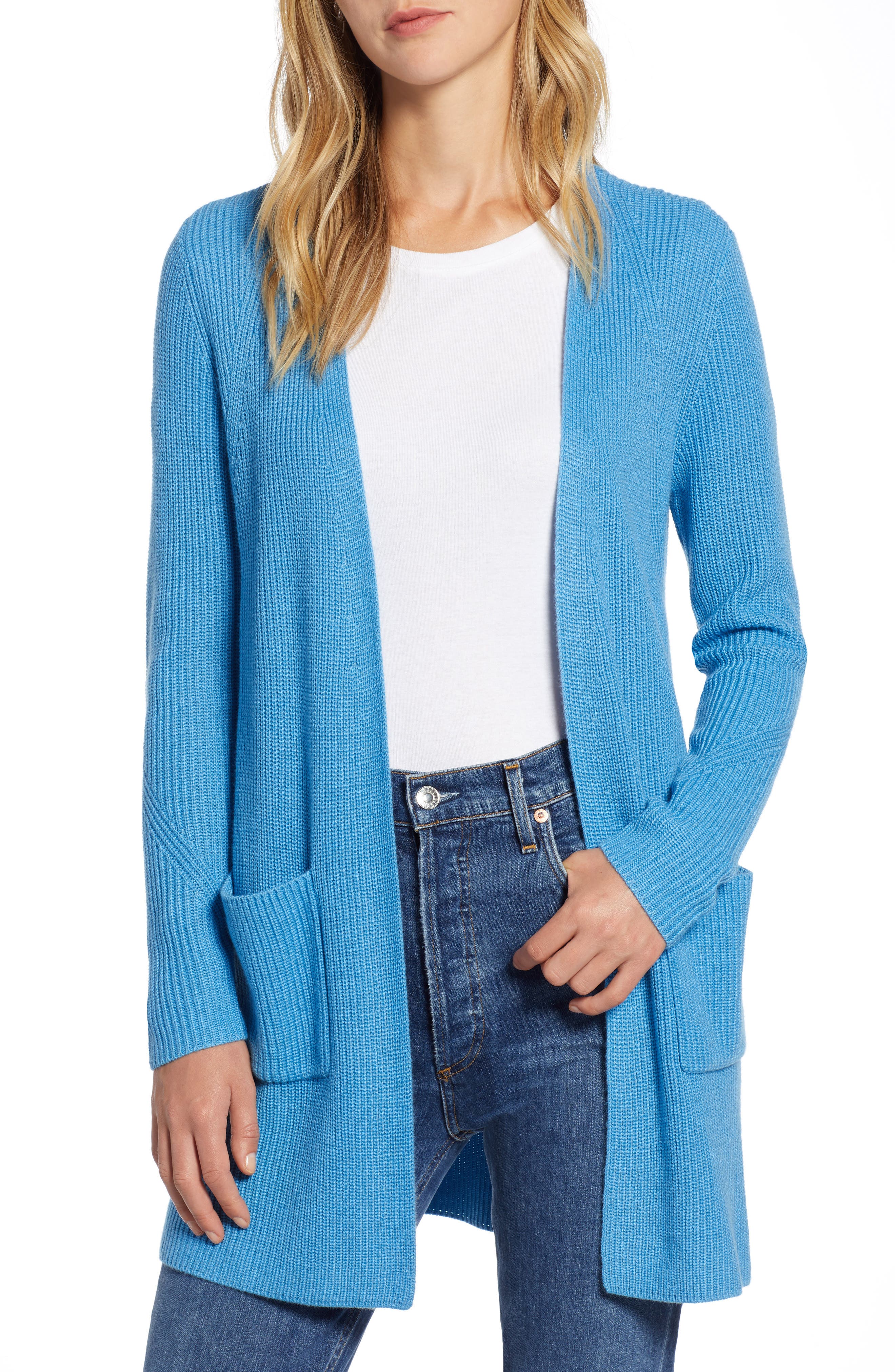 Petite Halogen Long Ribbed Cardigan, Blue