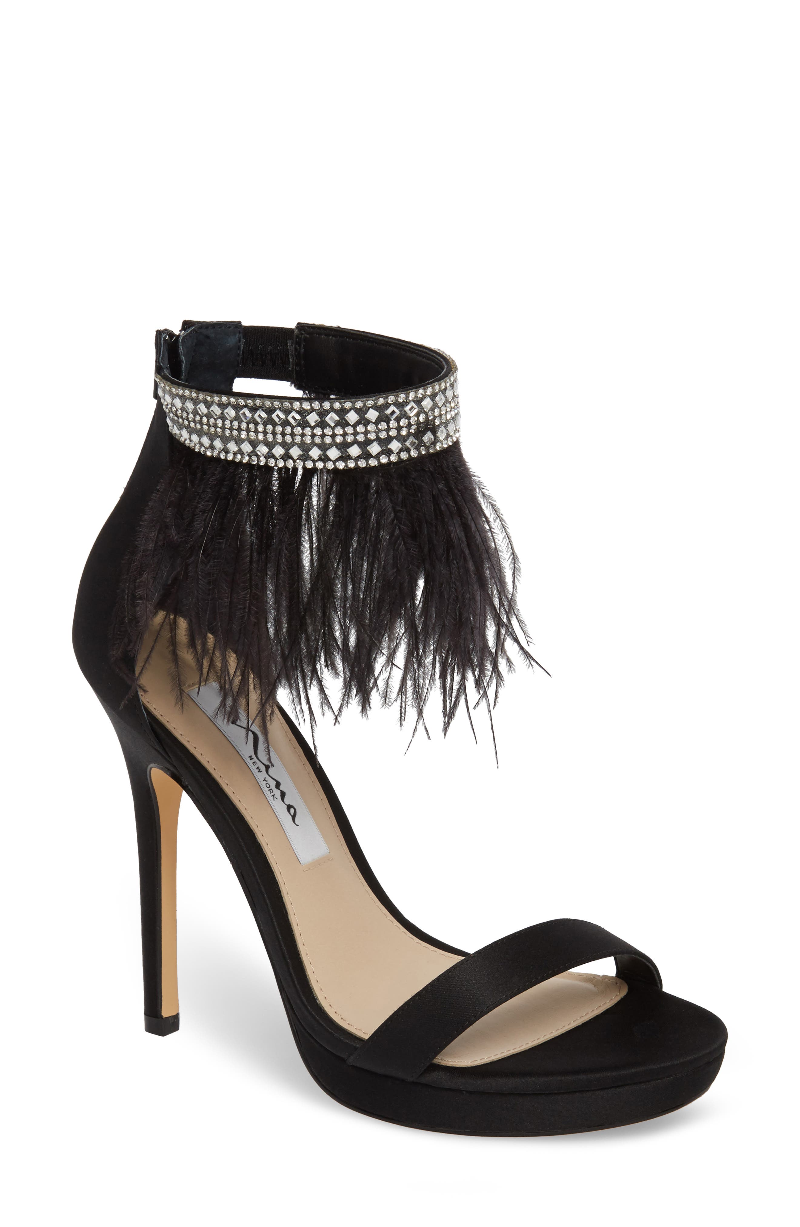 Nina Fran Embellished Feather Sandal, Black