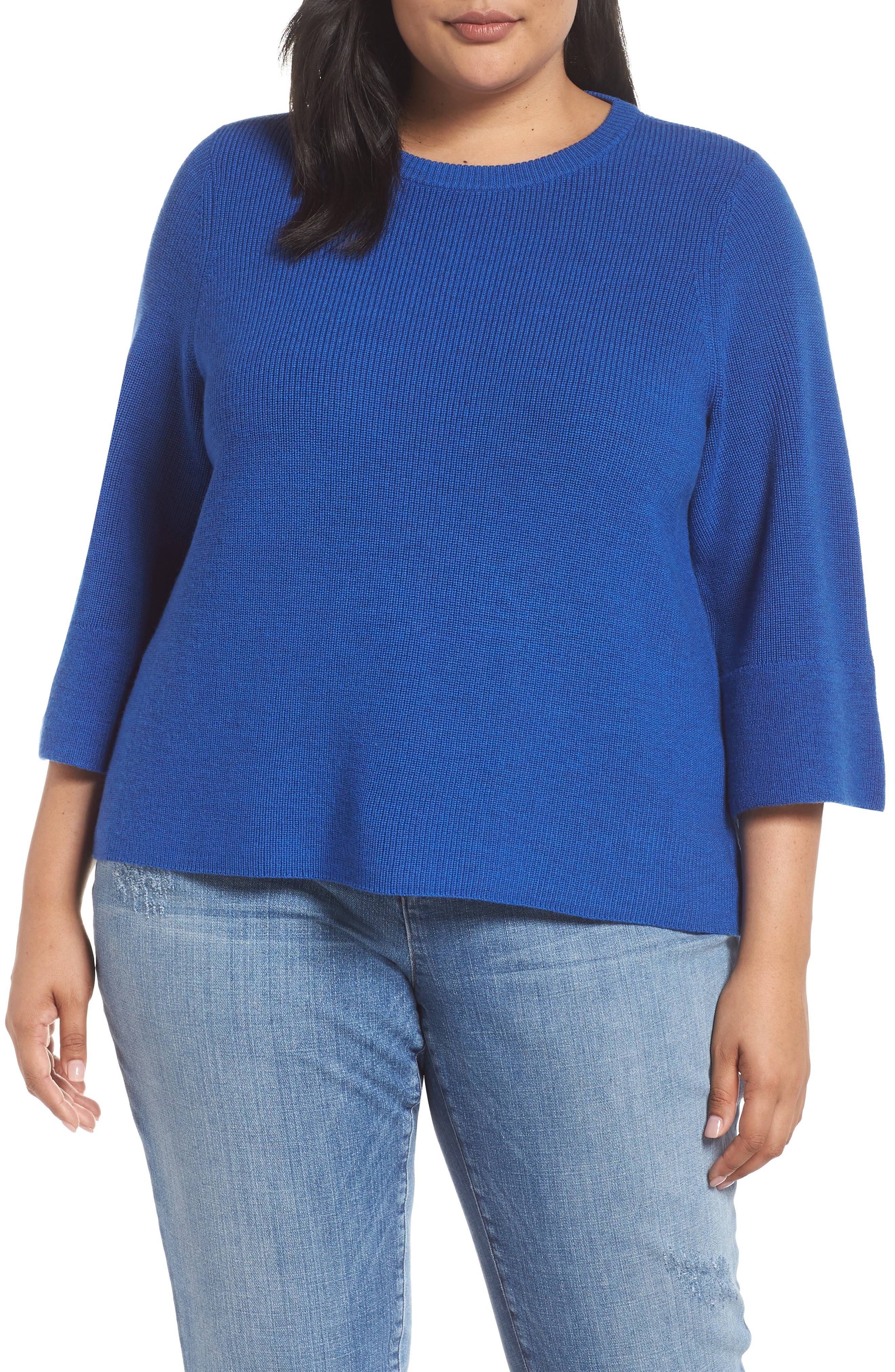 Plus Size Eileen Fisher Ribbed Merino Wool Sweater, Blue