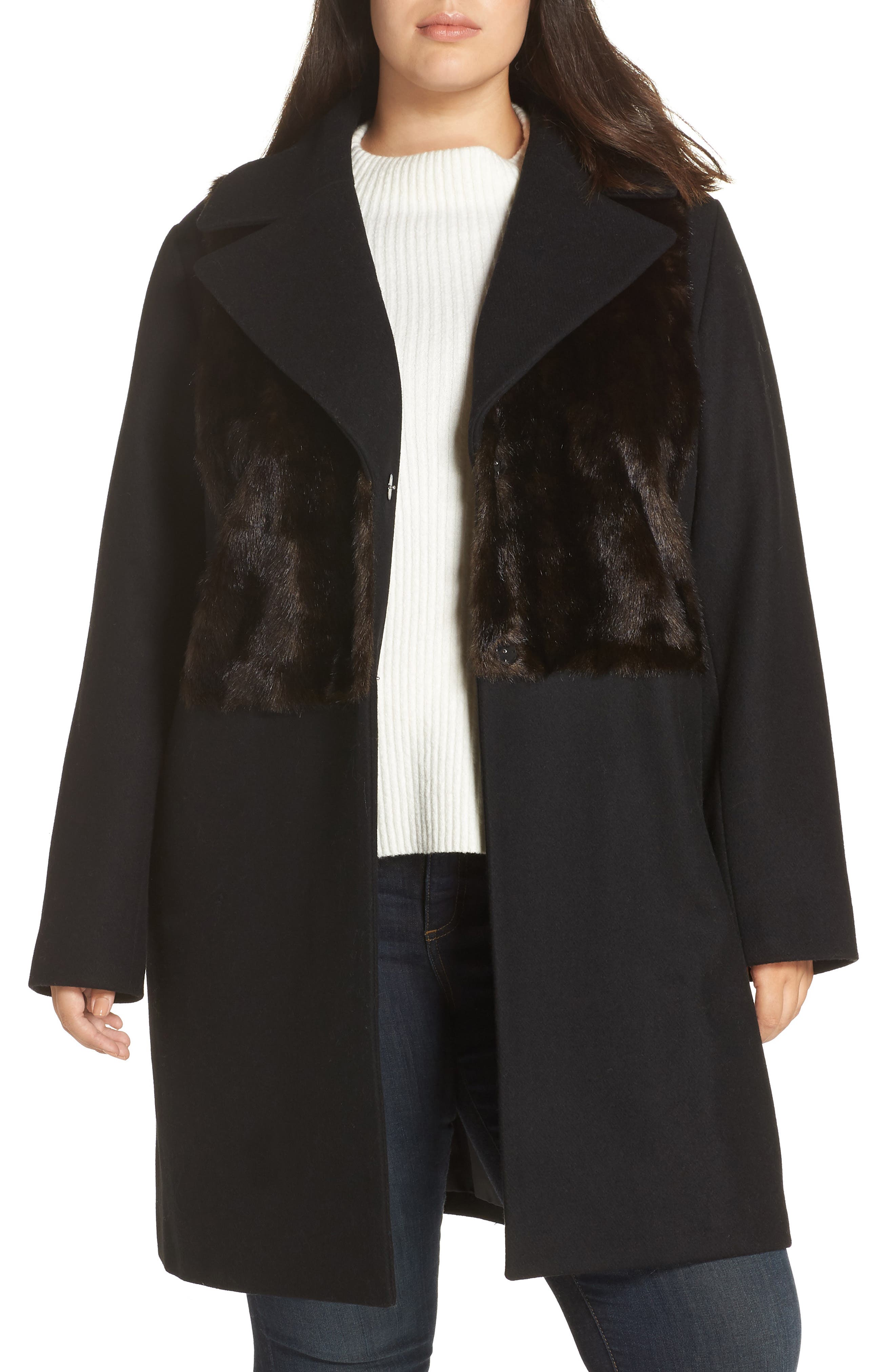 Plus Size Women's Rachel Rachel Roy Faux Fur Panel Wool Blend Coat, Size 3X - Black