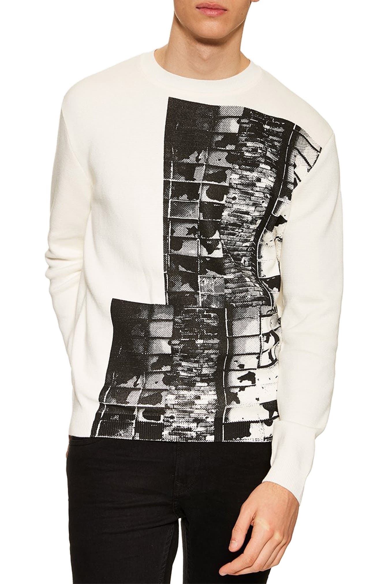 Topman Print Crewneck Sweater, Ivory
