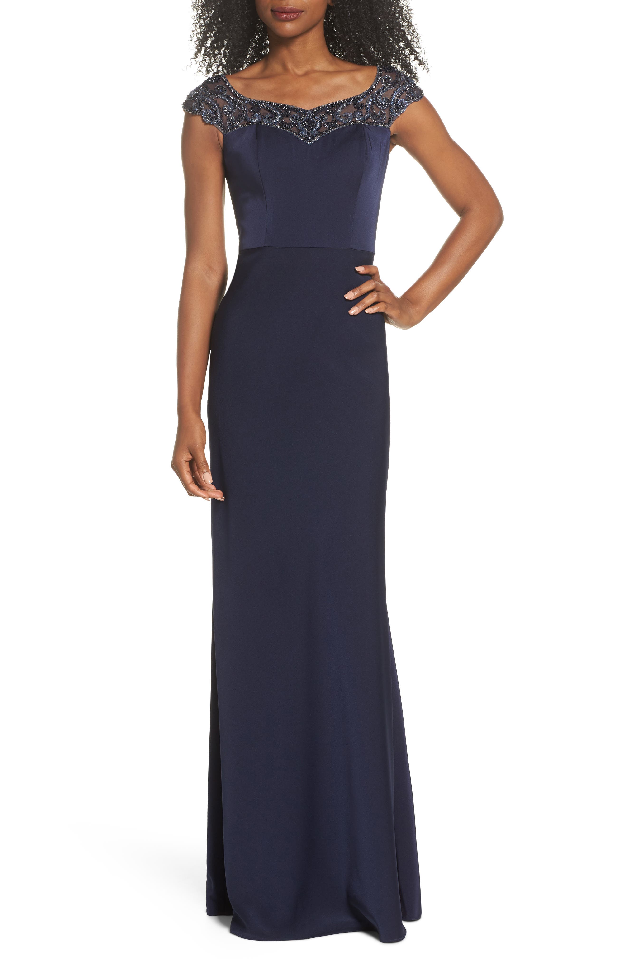 La Femme Beaded Bateau Neck Gown, Blue