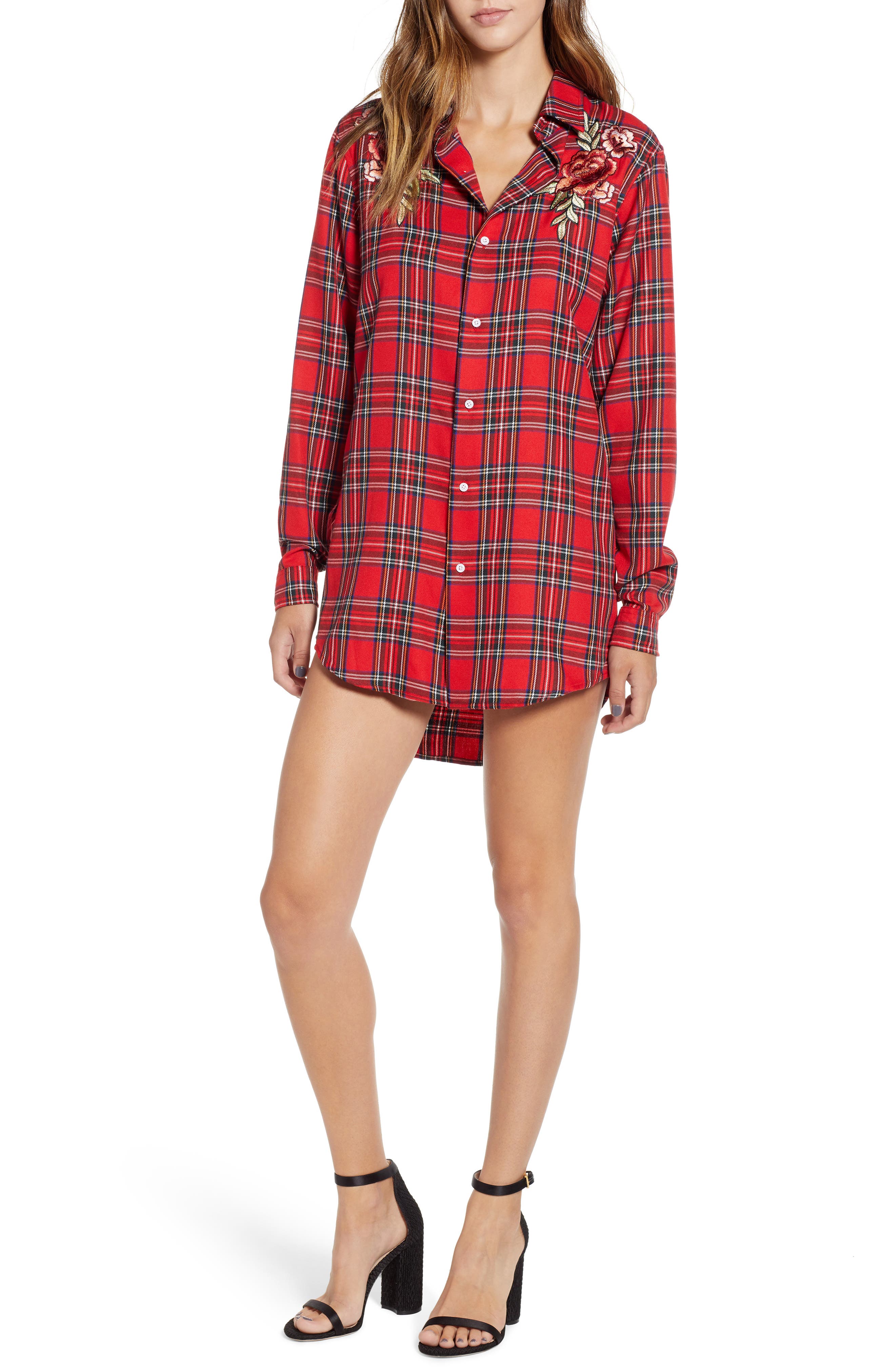 Kendall + Kylie Embroidered Plaid Shirtdress, Red