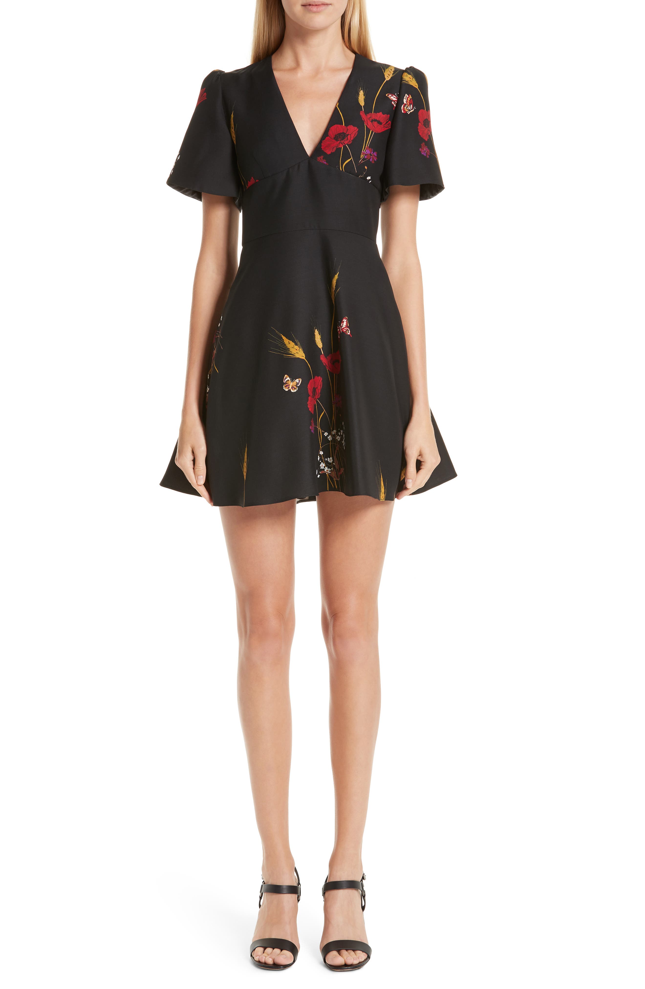 Valentino Floral Meadow Print Crepe Couture Dress, Black