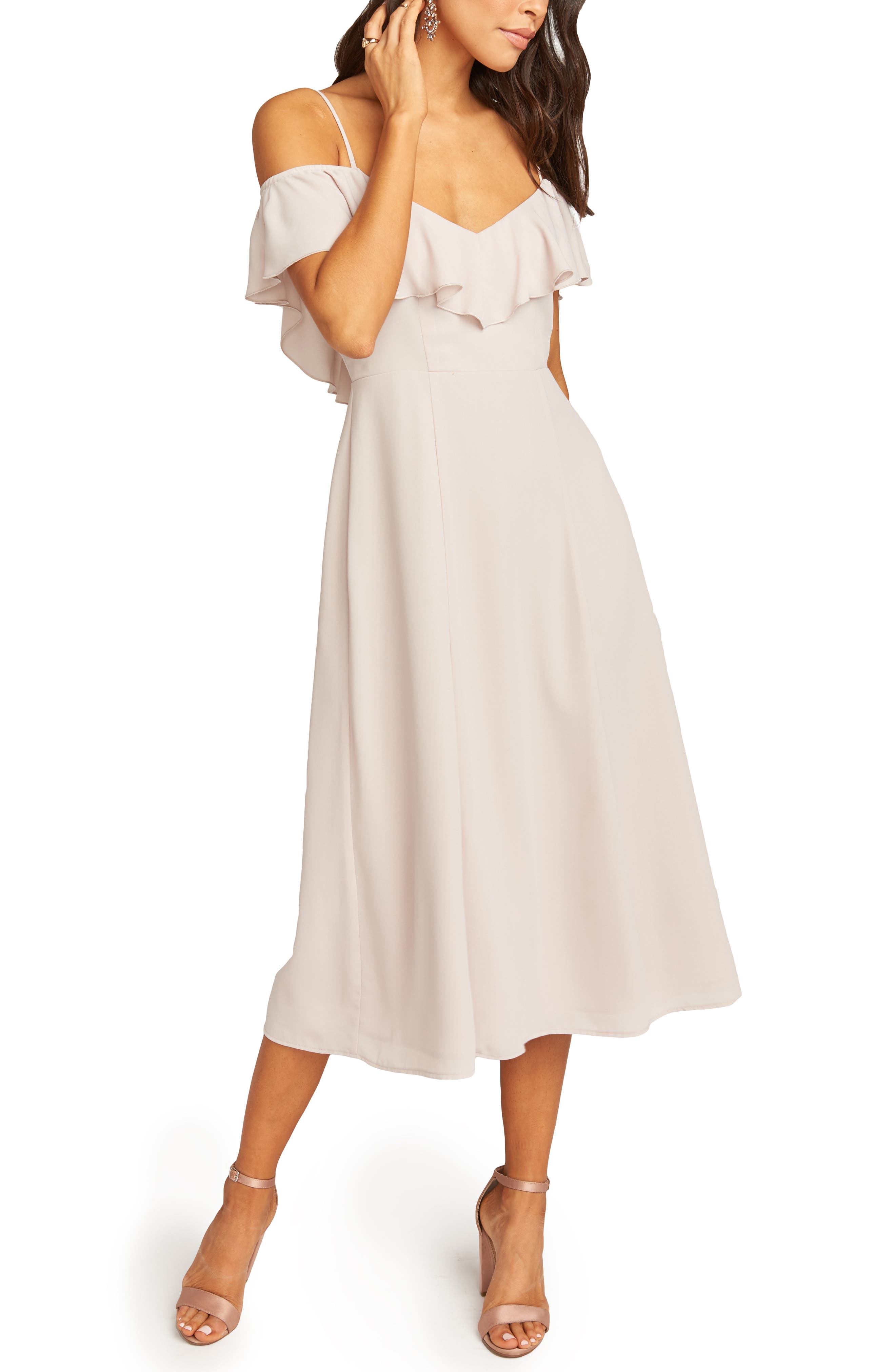 Show Me Your Mumu Camilla Ruffle Neck Tea Length Dress, Beige