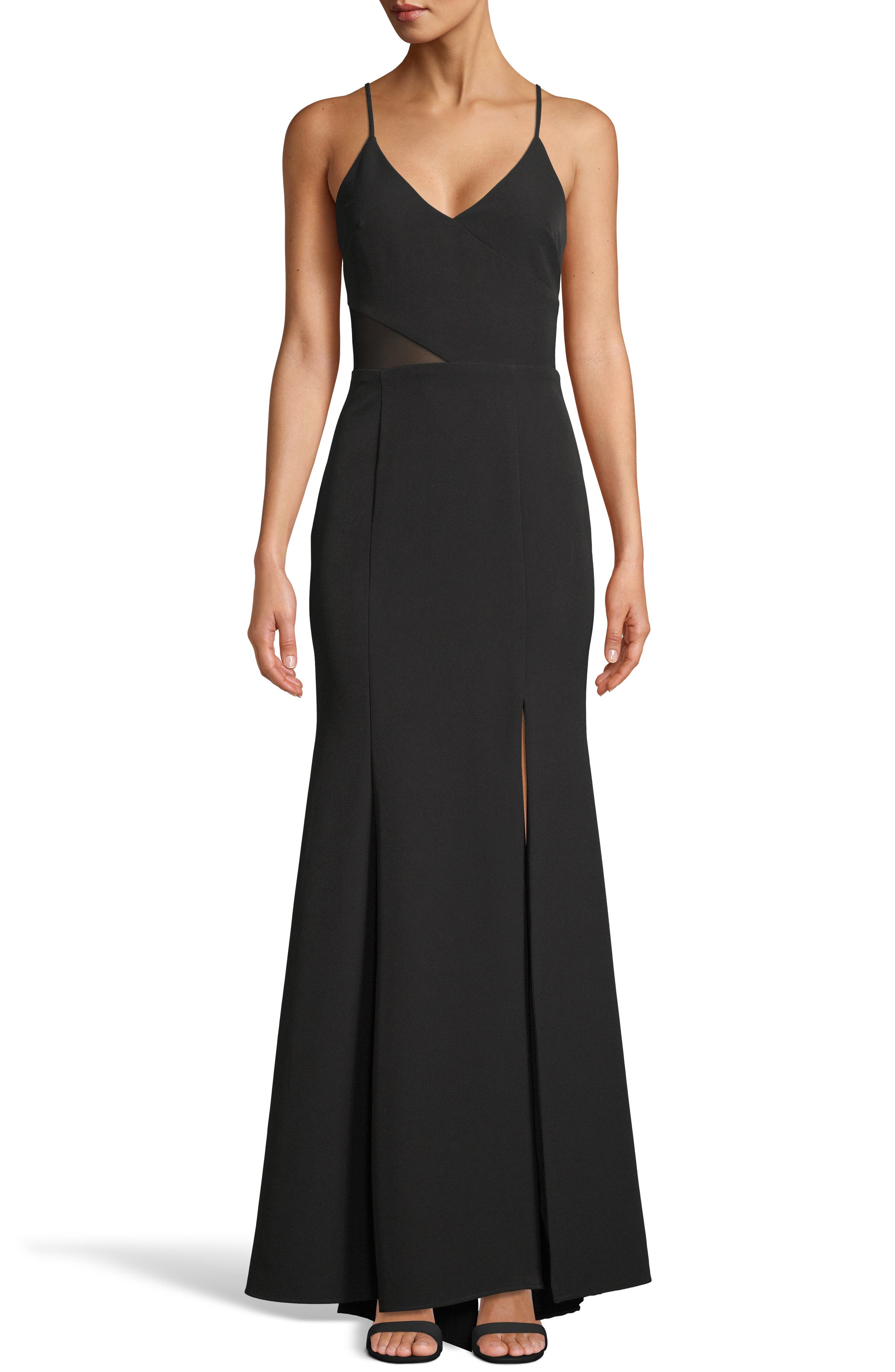 Xscape Illusion Waist V-Neck Gown, Black