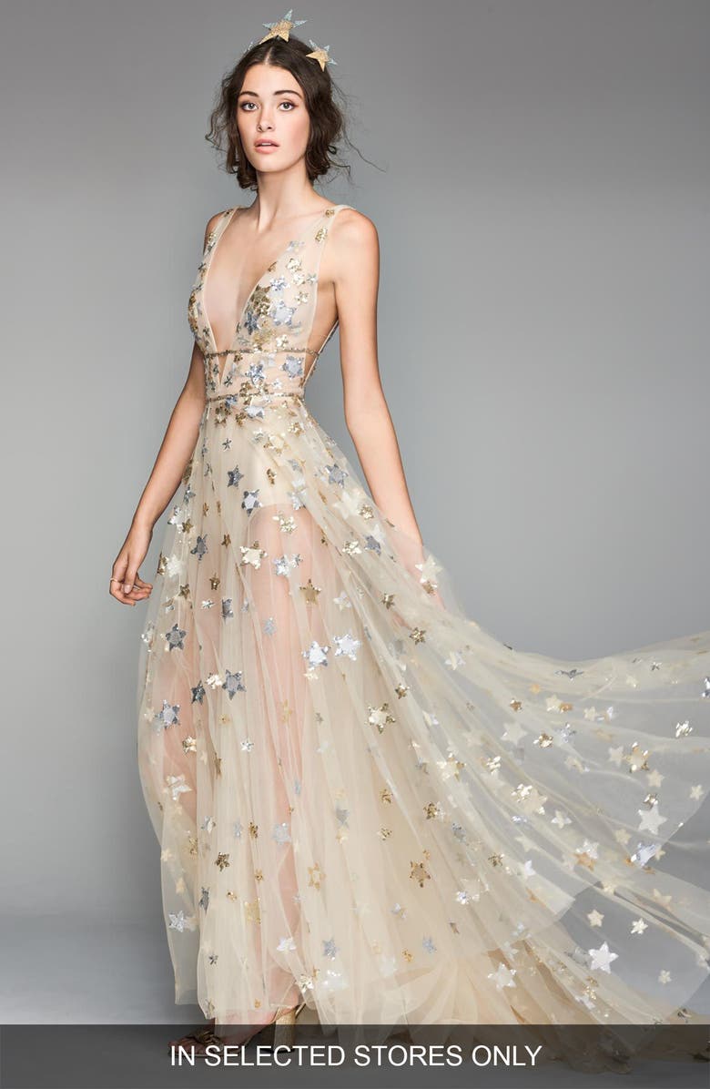 Willowby Orion Tulle Charmeuse Plunging A Line Gown Willowby Orion Tulle Charmeuse Plunging A Line Gown