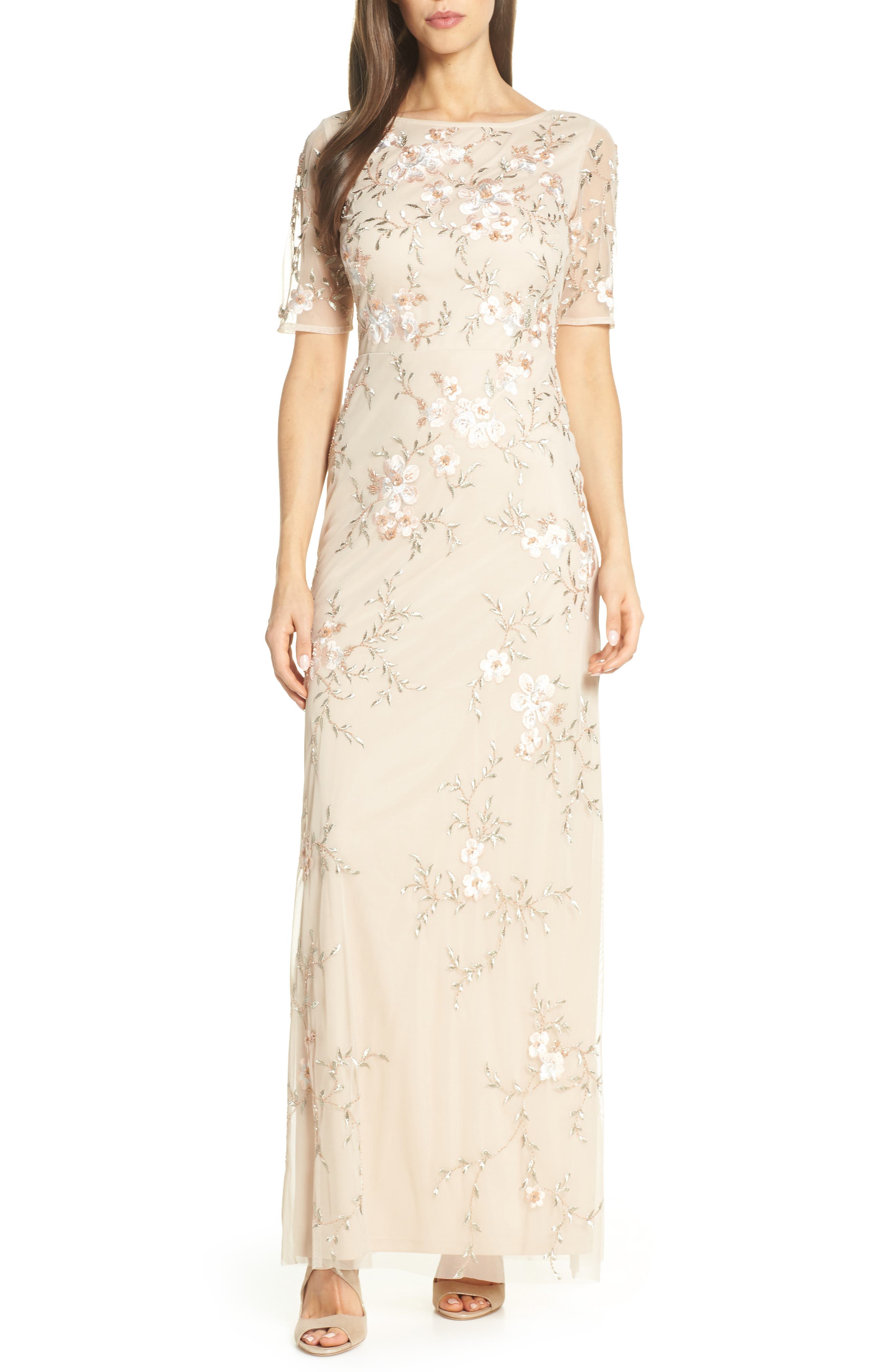 Adrianna Papell Embroidered Mesh Evening Dress, Beige