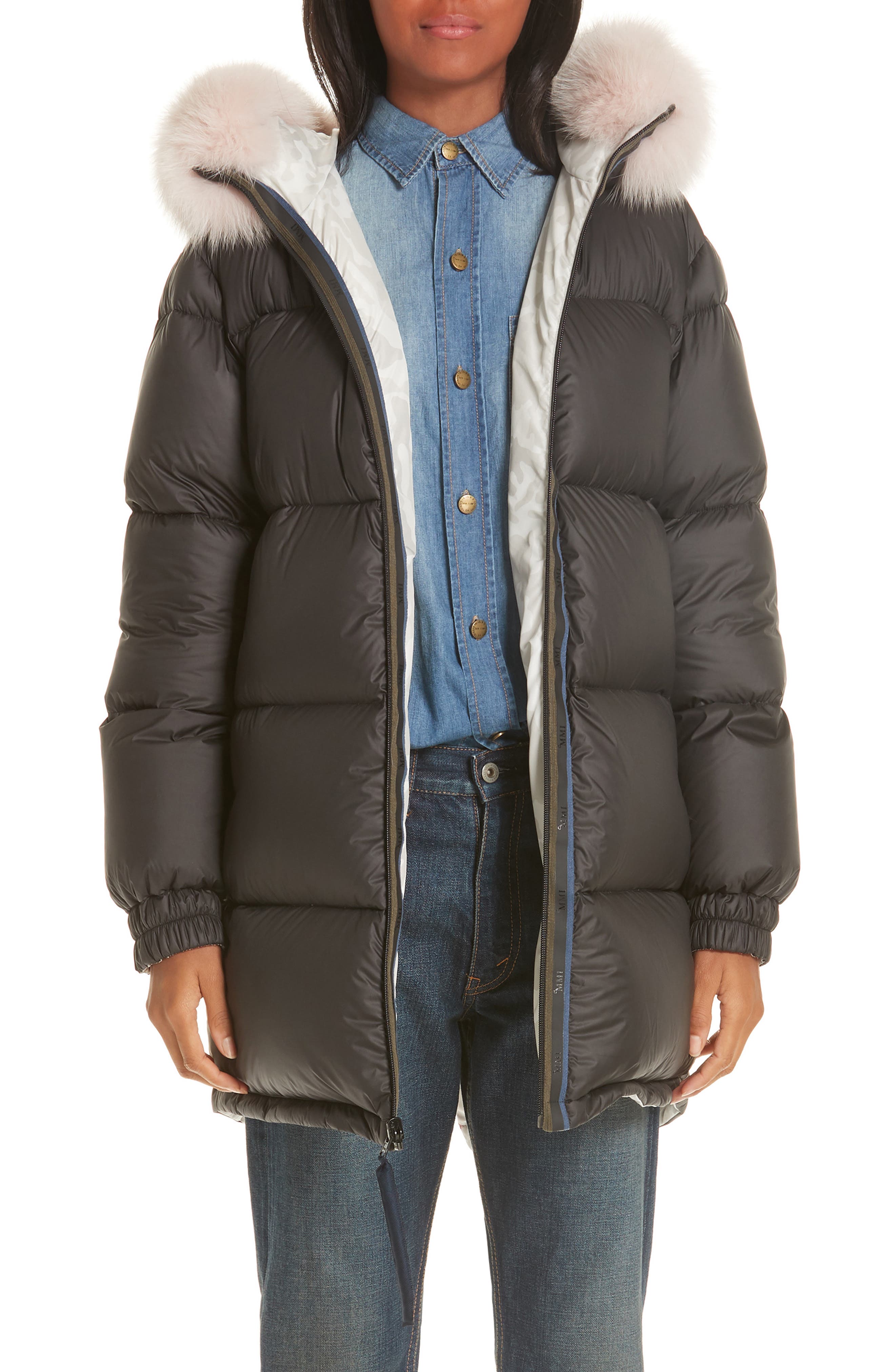 Mr & Mrs Italy Genuine Fox Fur Trim Down Fill Puffer Coat, Black
