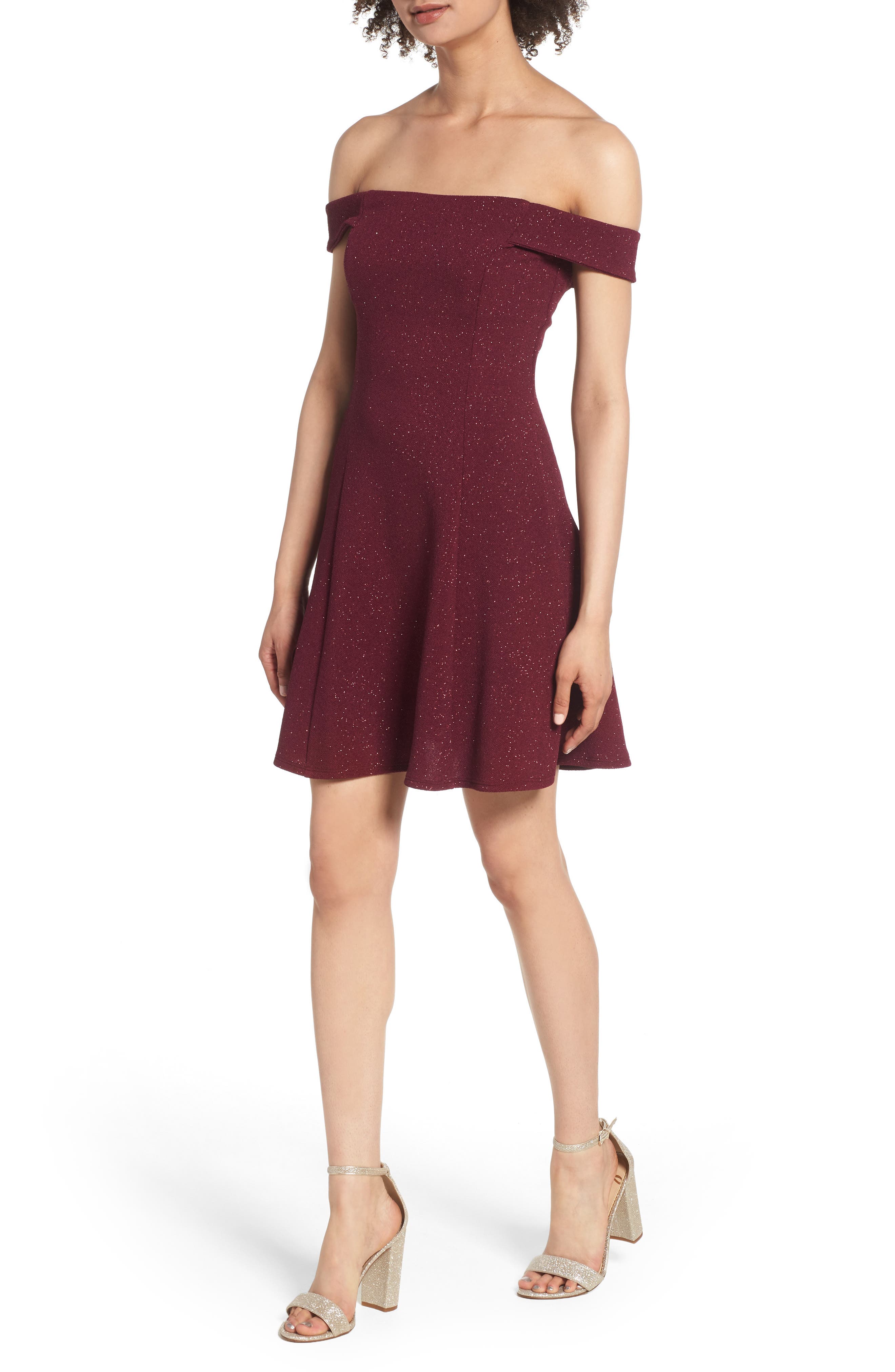Speechless Glitter Off The Shoulder Dress, Burgundy