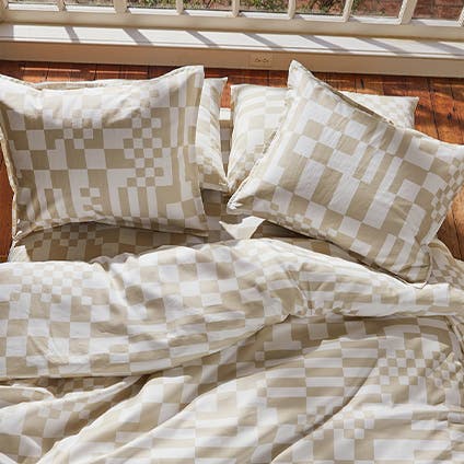 Bedding with a mix of check patterns.