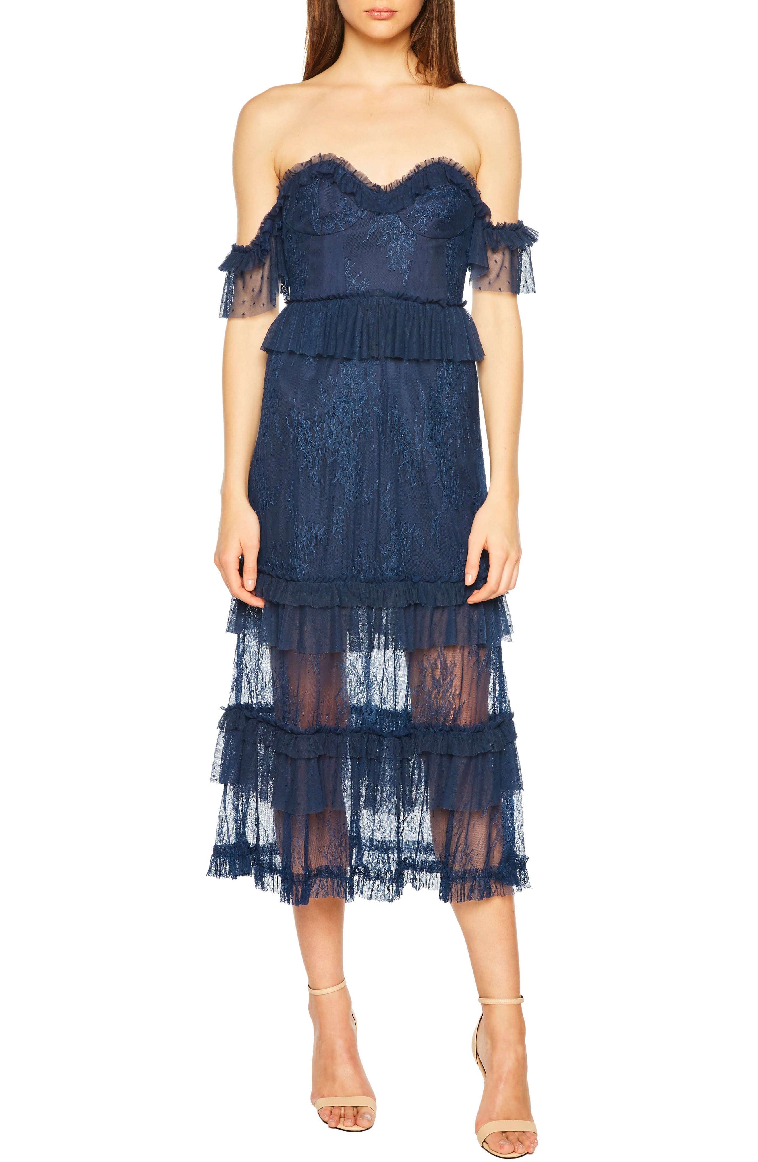 Bardot Splice Lace Off The Shoulder Dress, Blue