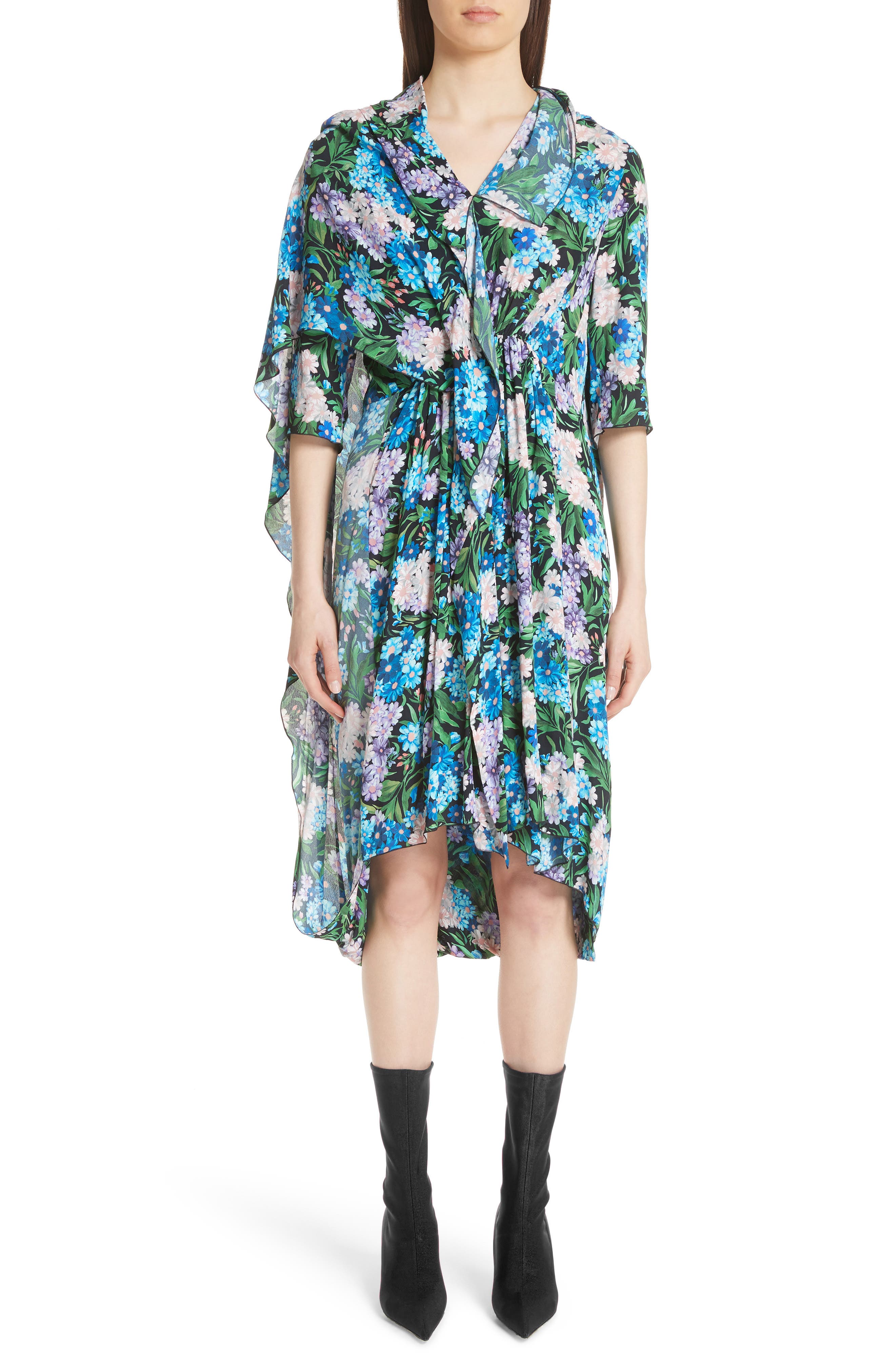Balenciaga Floral Print Cape Detail Dress