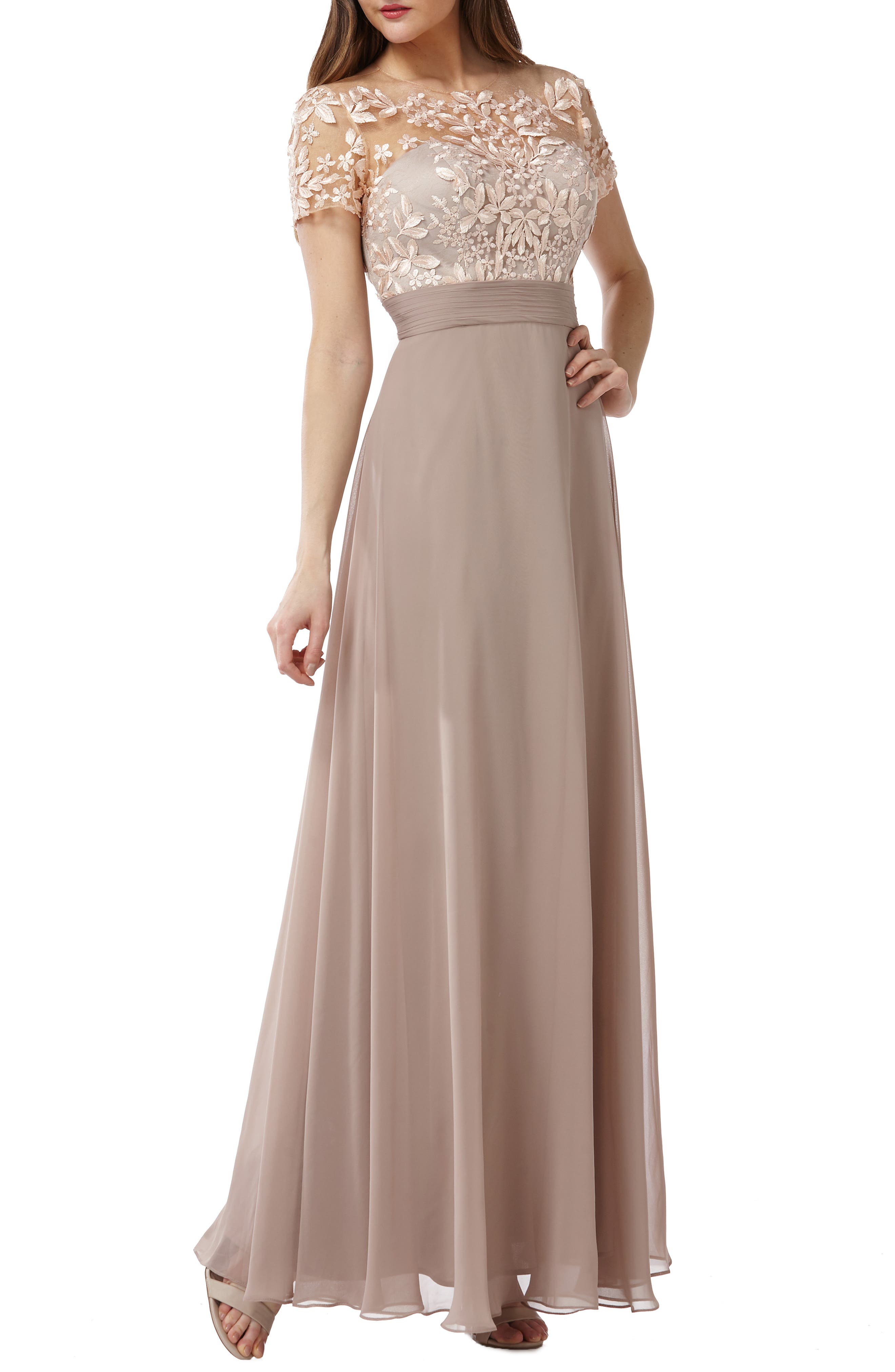 Js Collections Embroidered Illusion Bodice Gown, Beige