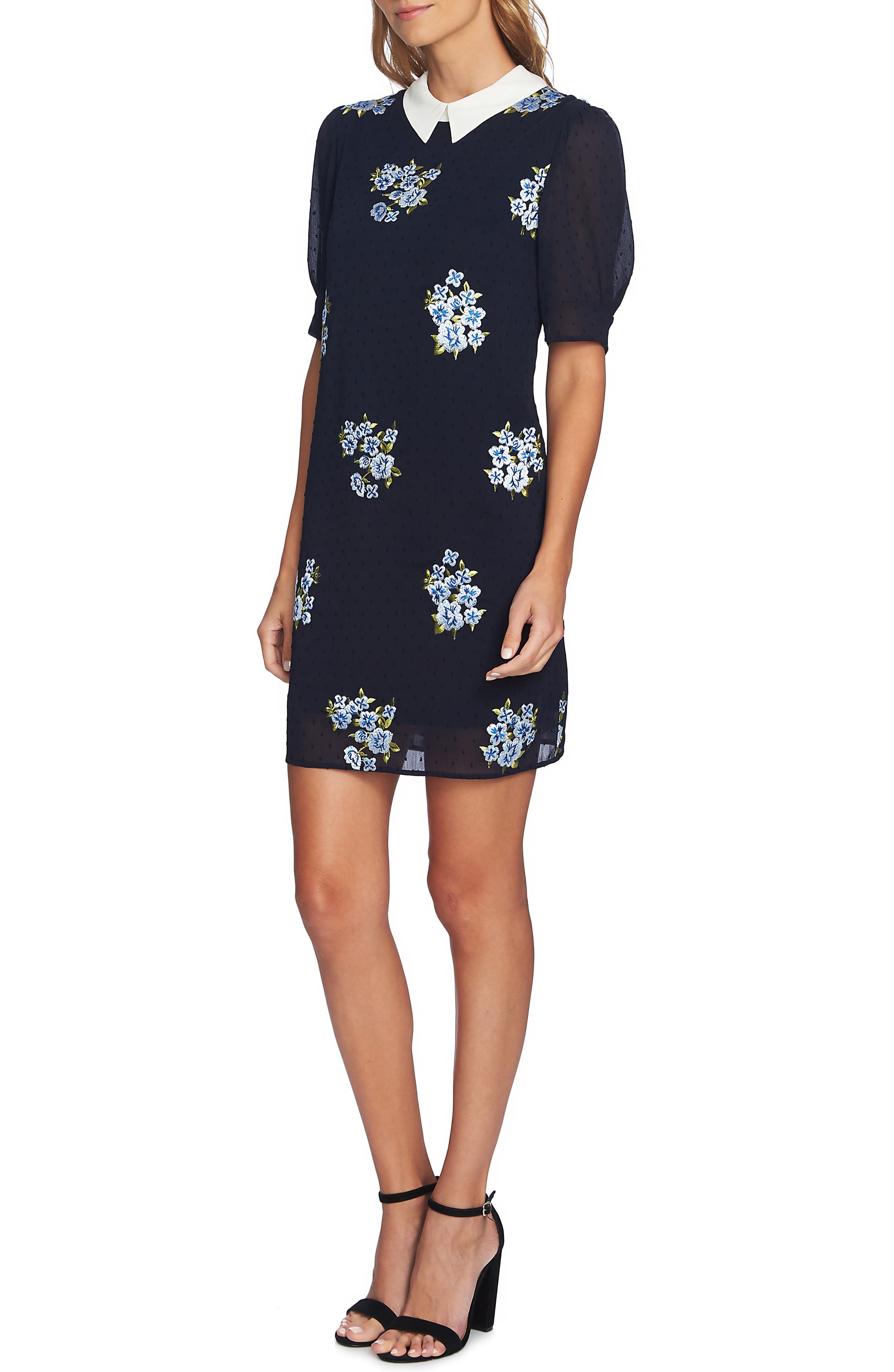 Cece Puff Sleeve Mixed Media Dress, Blue