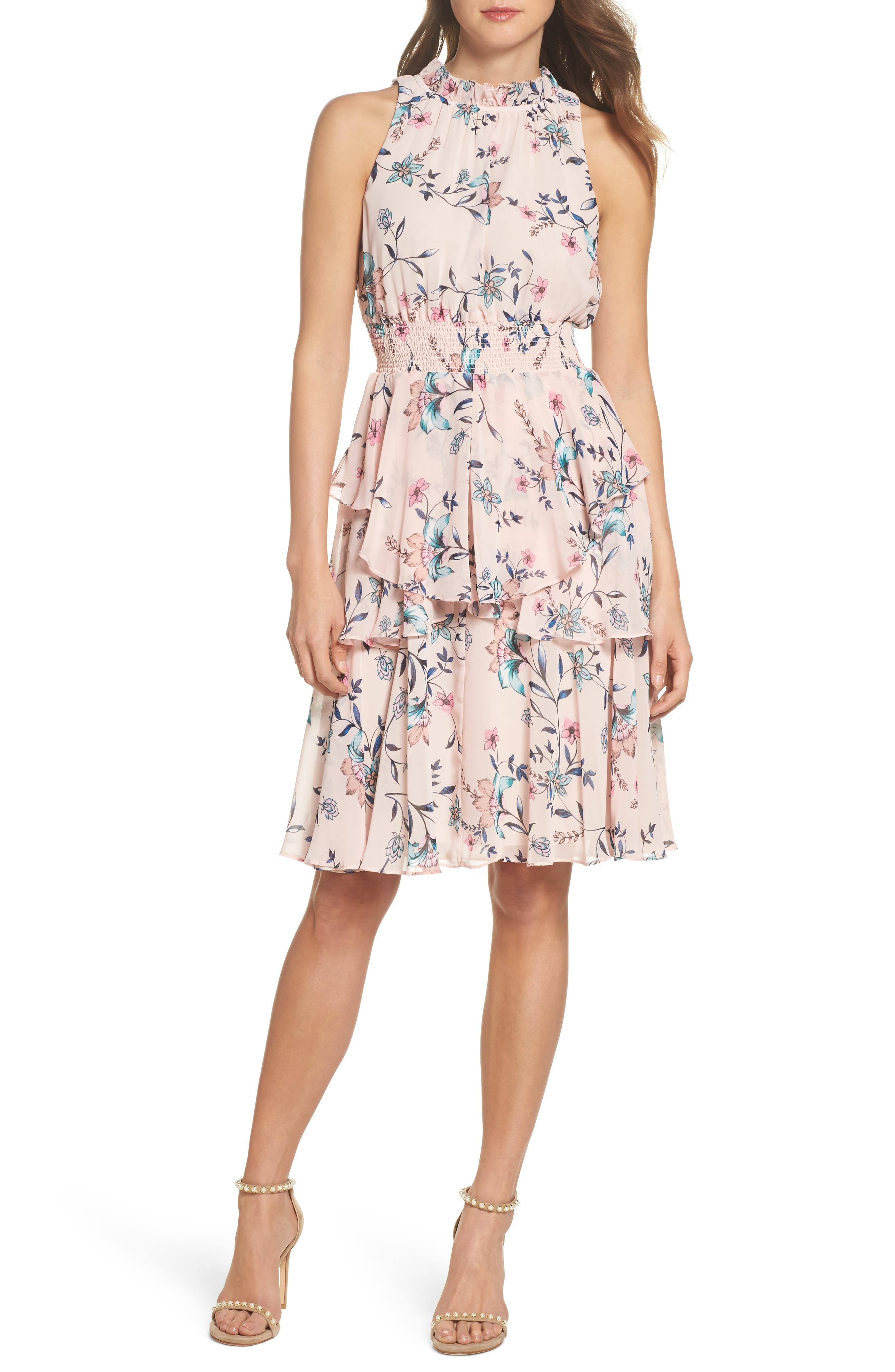 Eliza J Floral Ruffle A-Line Dress, Pink