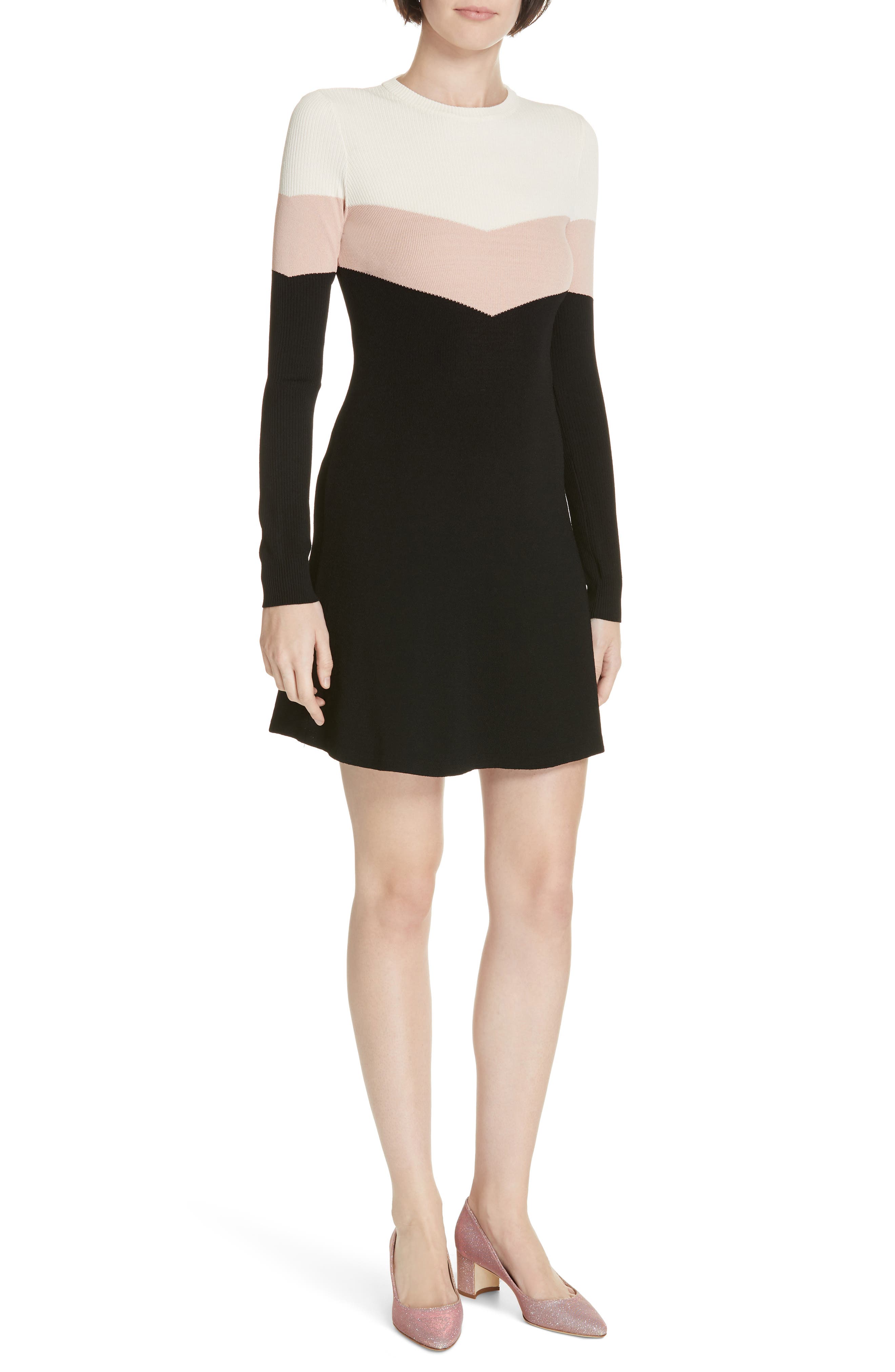 Red Valentino Colorblock Ribbed Fit & Flare Dress, Black