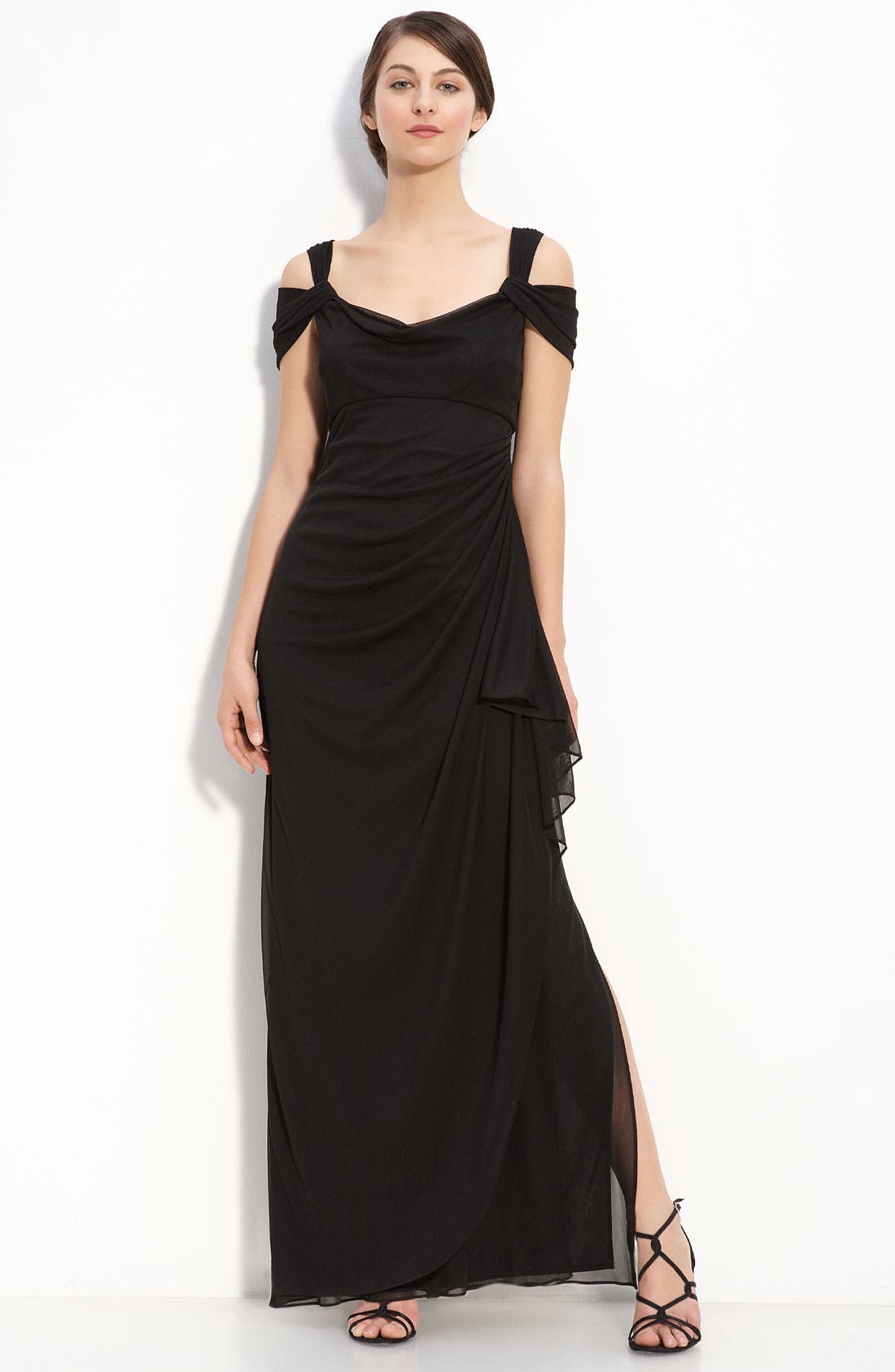 Petite Alex Evenings Double Strap Mesh Gown, Black