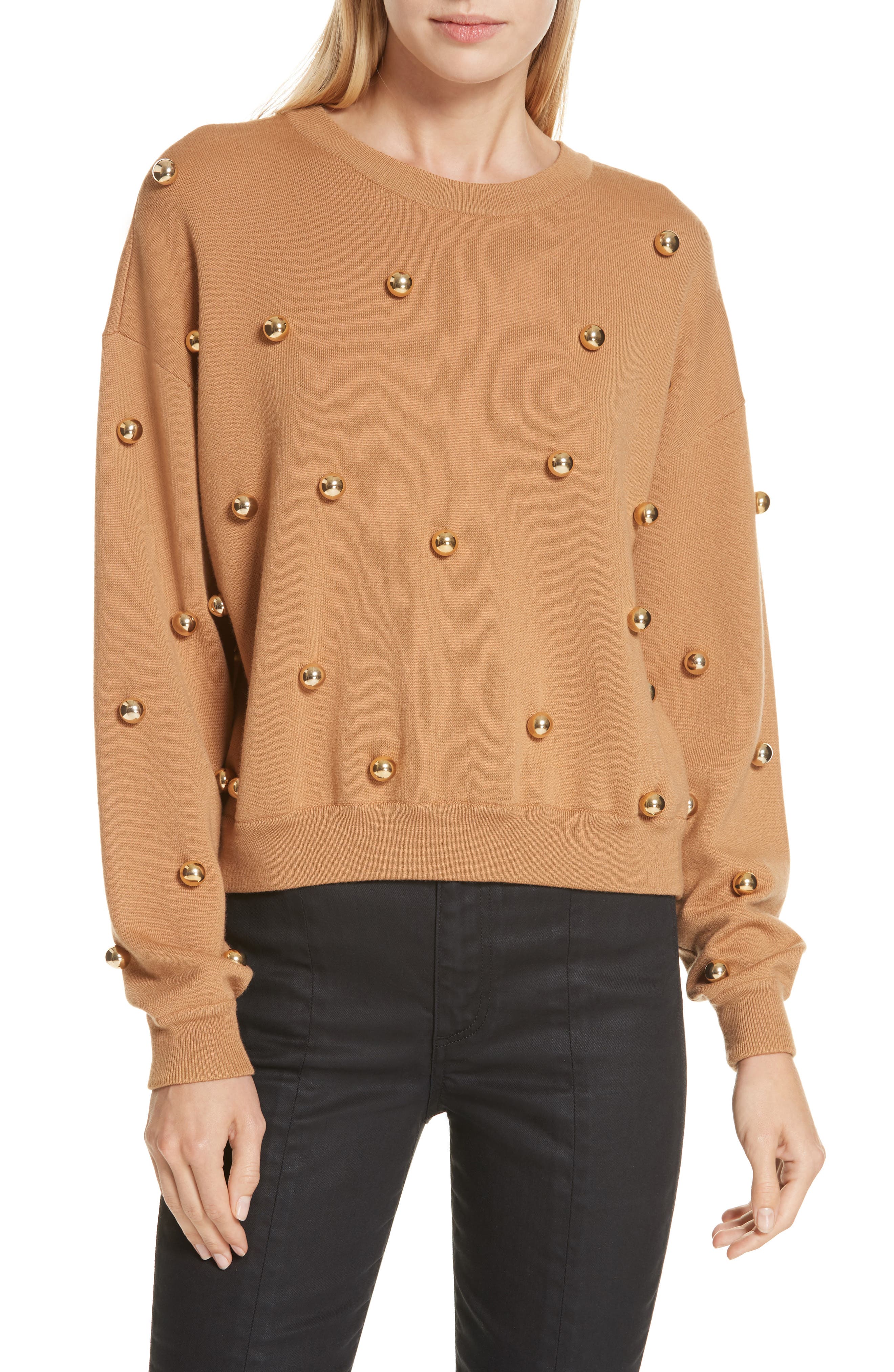 Alice + Olivia Gleeson Metal Ball Detail Wool Blend Sweater, Brown