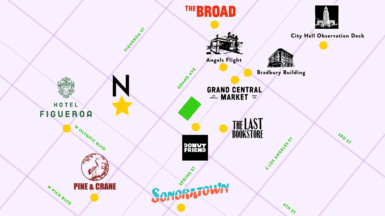 A map showing some locations in downtown Los Angeles.