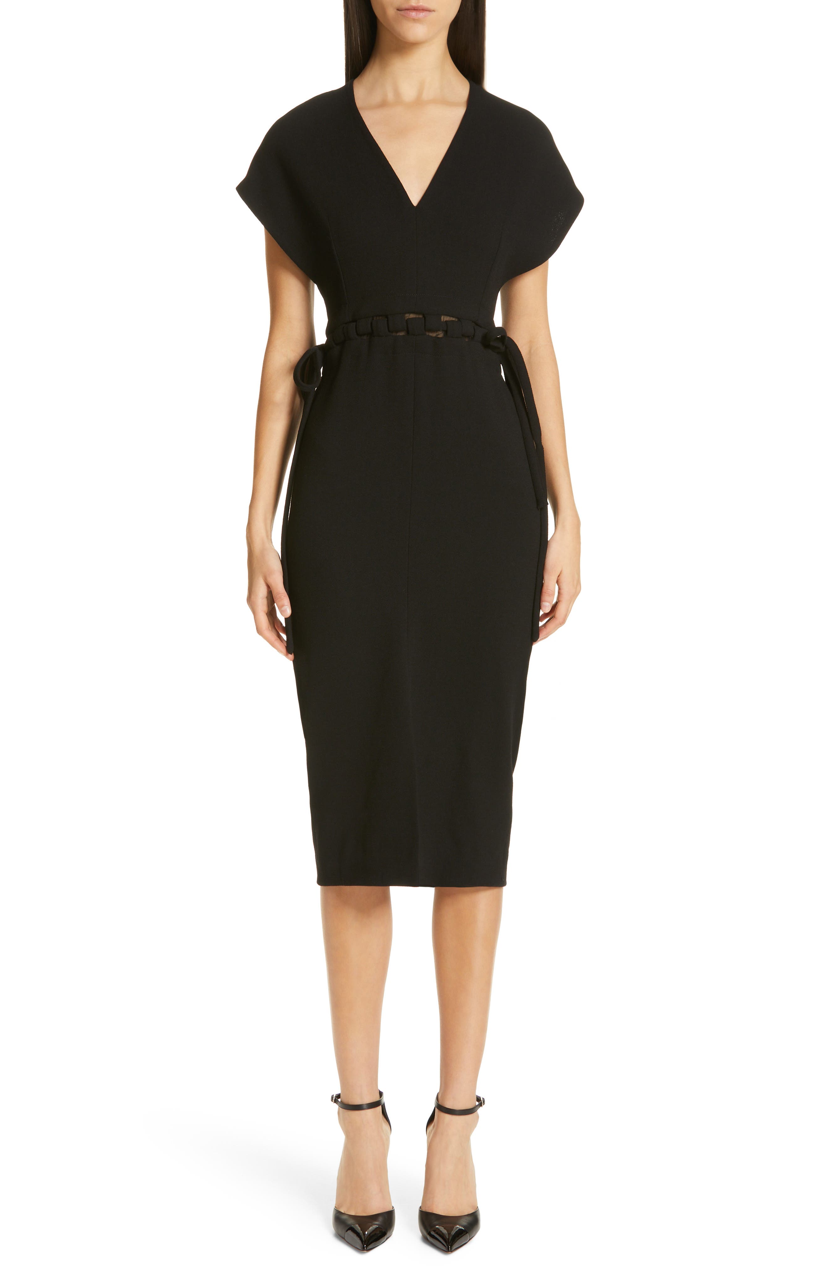 Lela Rose V-Neck Wool Crepe Dress, Black