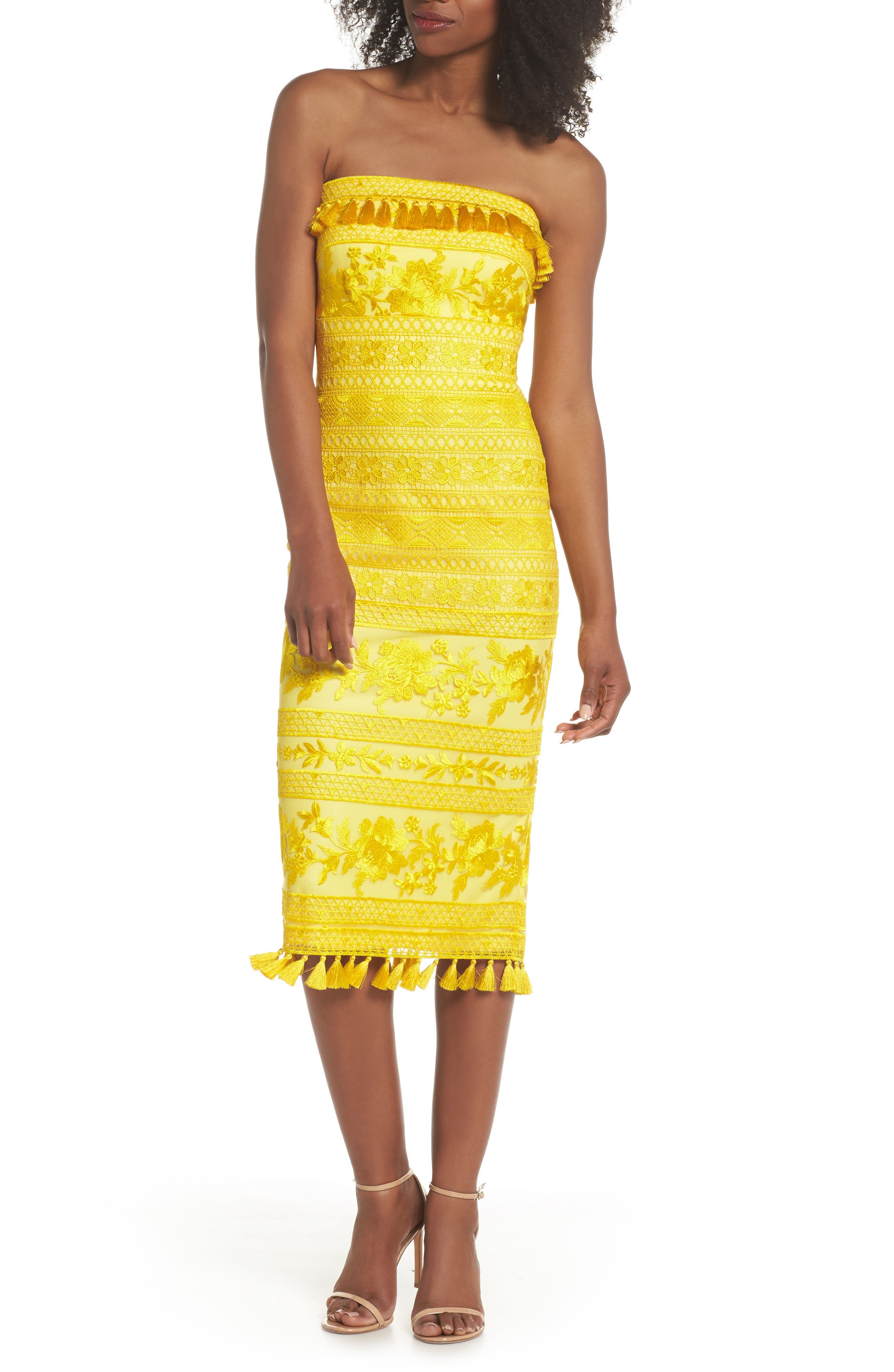 Tadashi Shoji Sol Strapless Lace Midi Dress