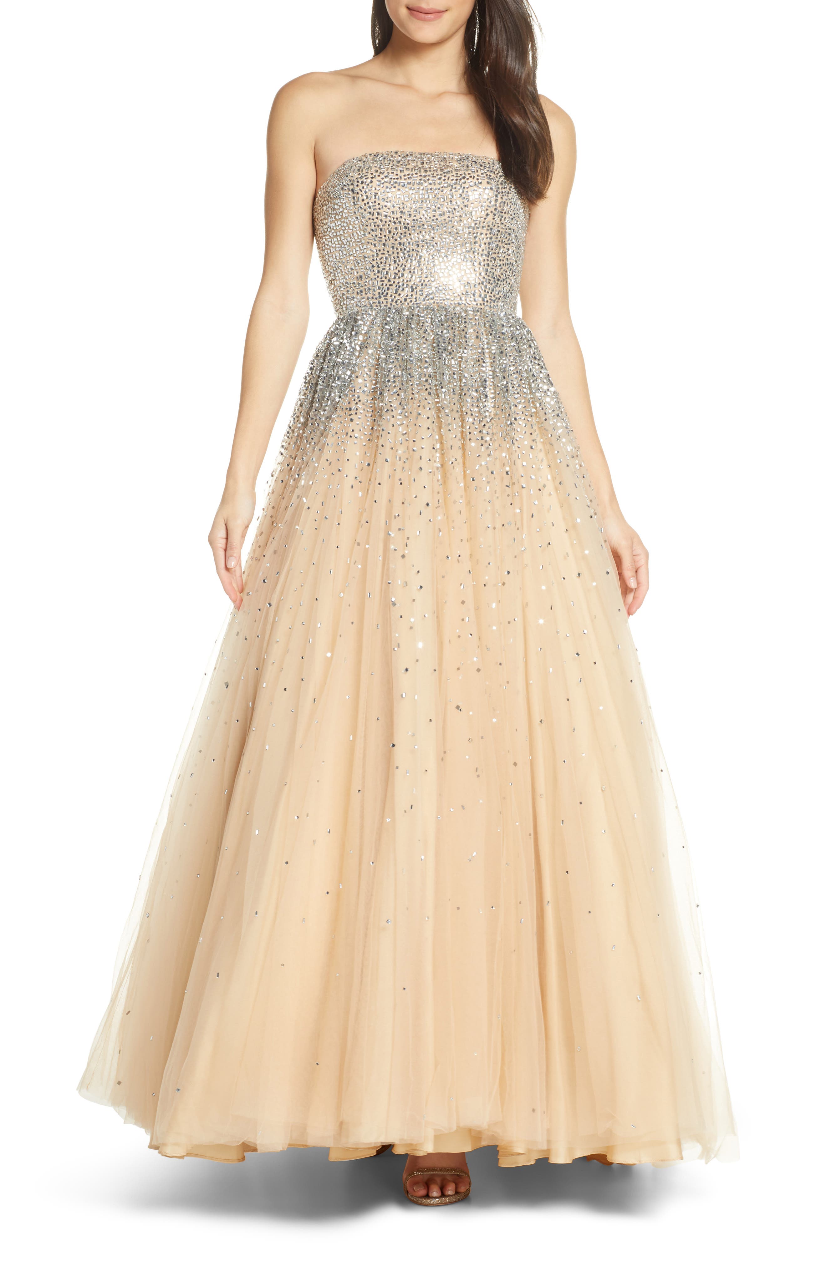 MAC Duggal Bejeweled Strapless Tulle Evening Dress, Beige