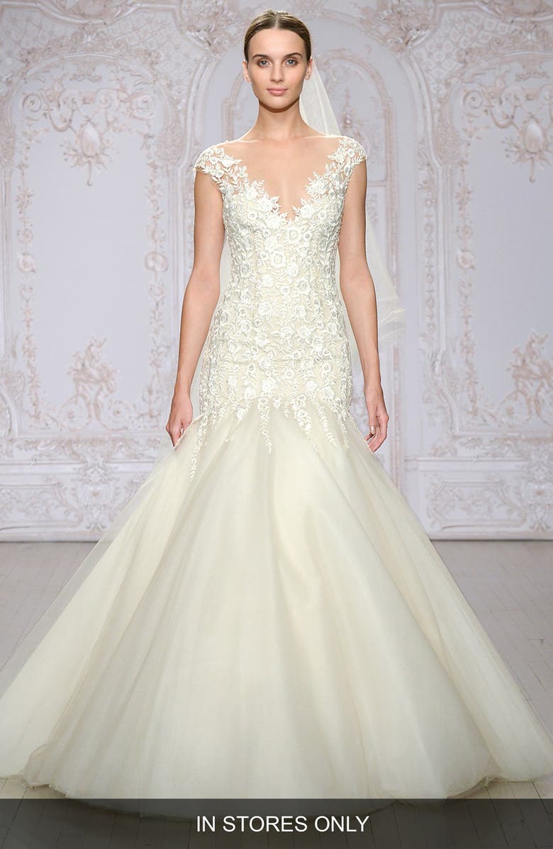 Roslyn Embroidered Illusion Tulle Trumpet Gown,
Main,
color, IVORY/ NUDE
