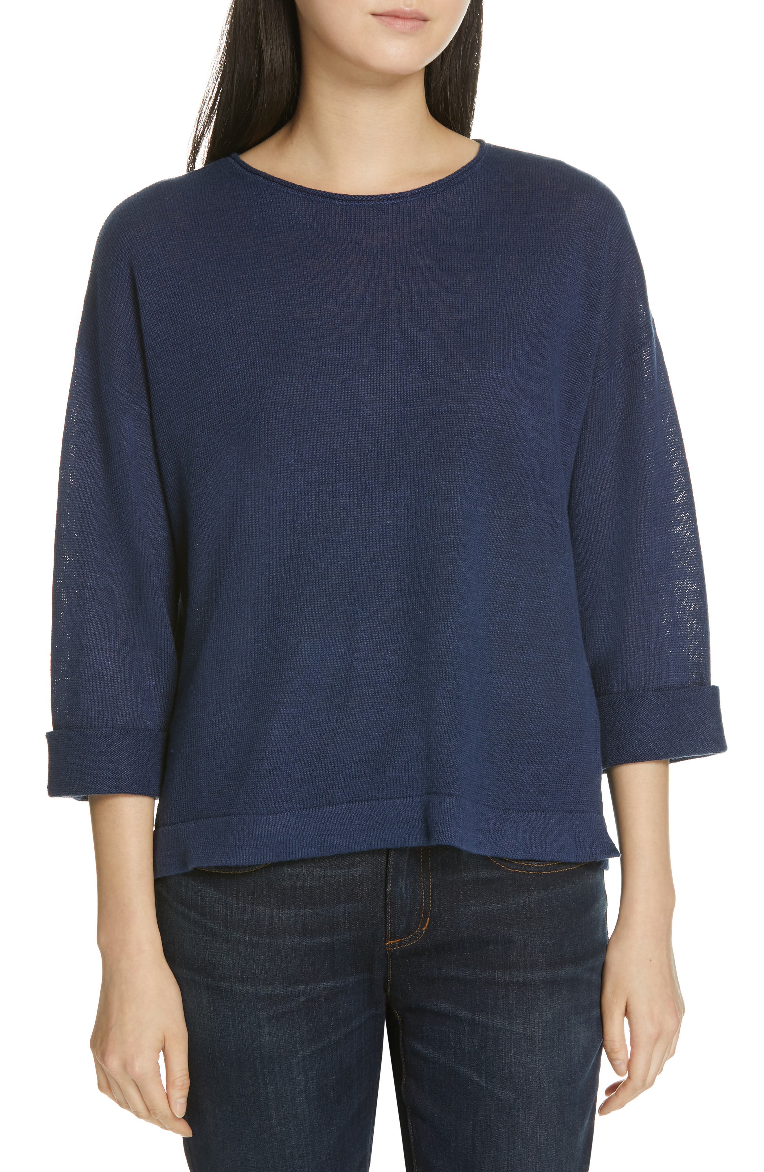 Eileen Fisher Round Neck Organic Linen Top, Blue