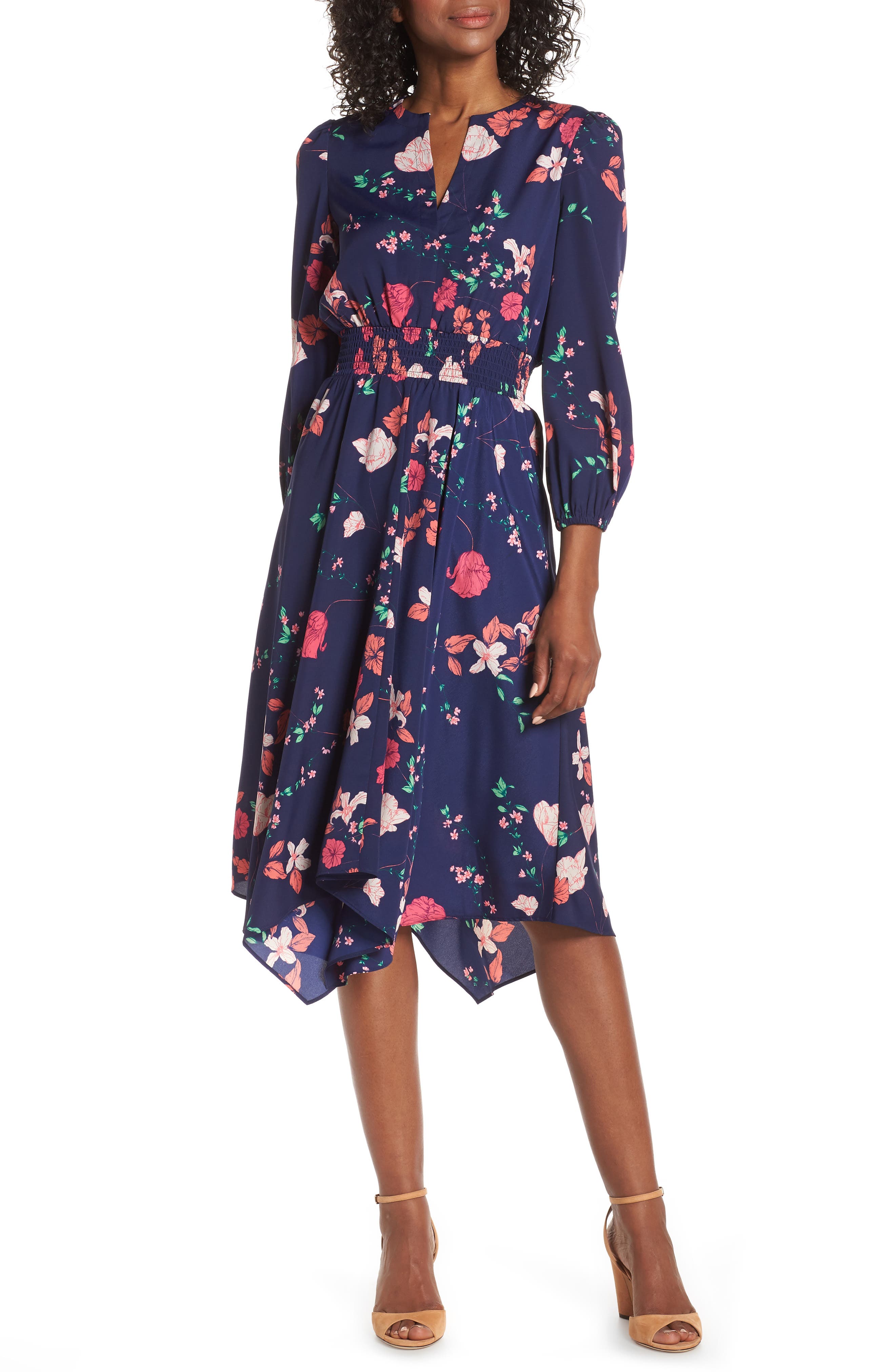 Eliza J Poet Sleeve Smock Waist Dress, Blue