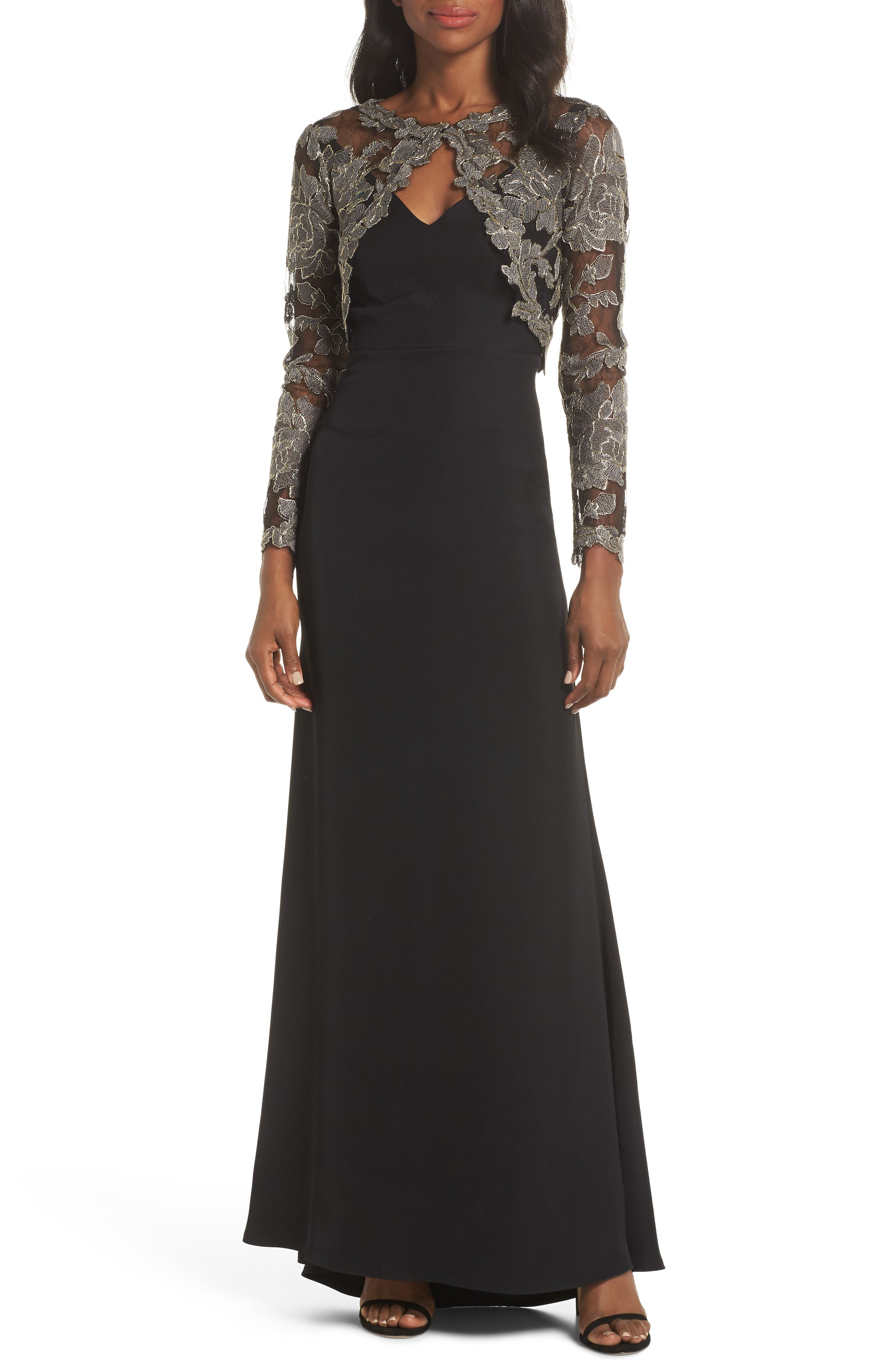 Tadashi Shoji Crepe & Embroidered Lace Gown, Black