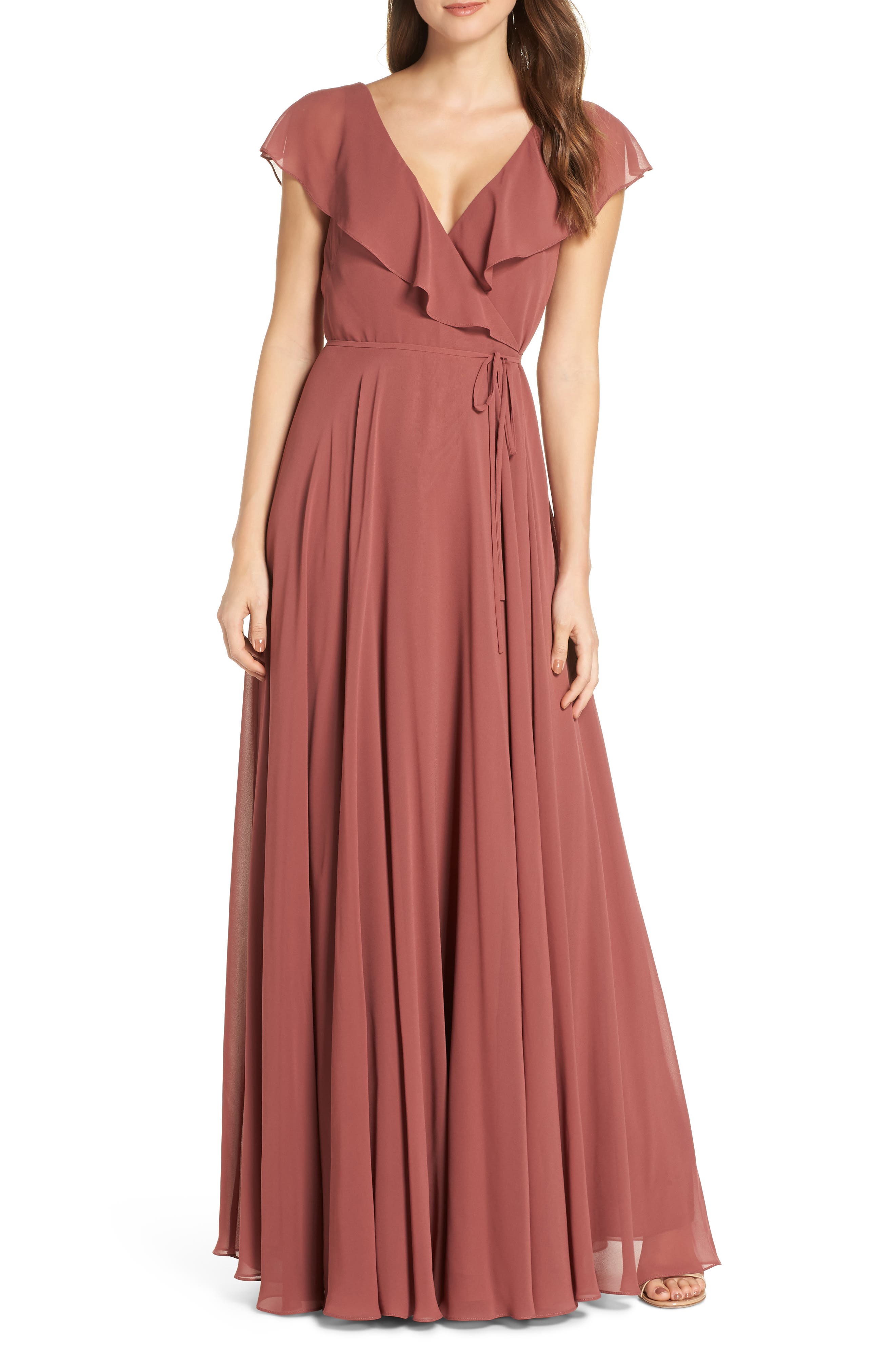 Jenny Yoo Faye Ruffle Wrap Chiffon Evening Dress, Red