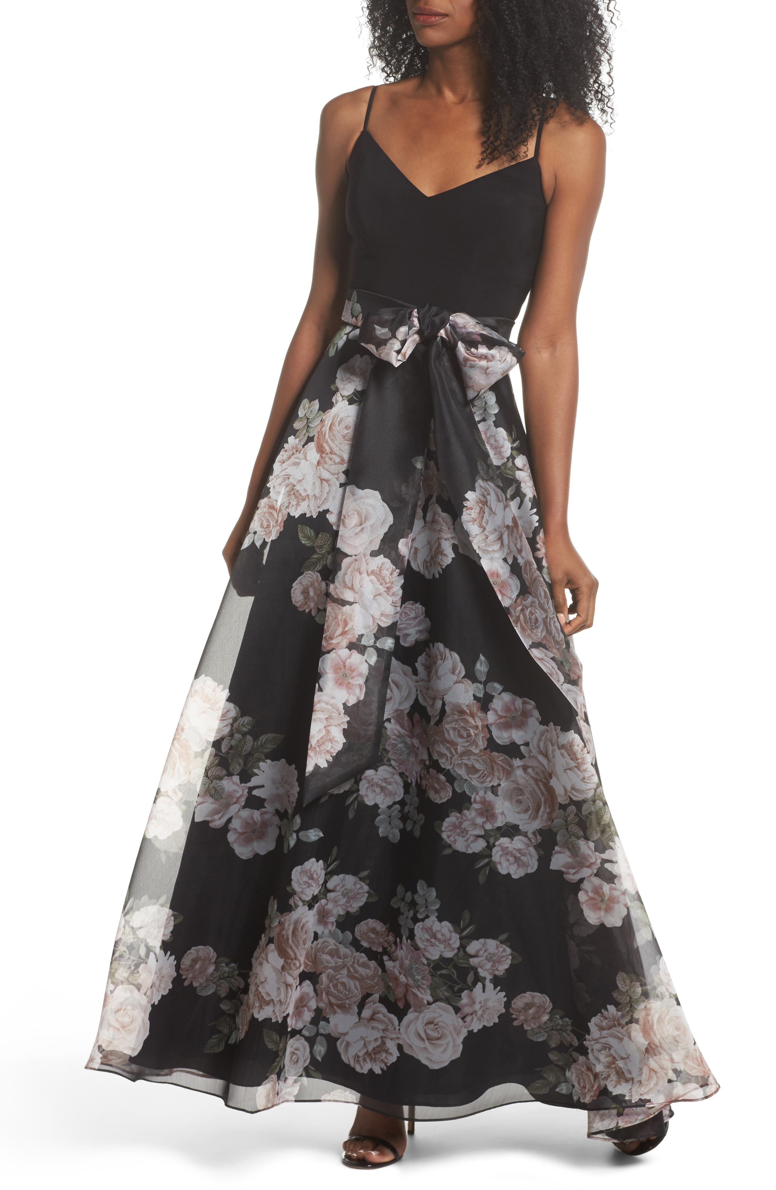 Eliza J Knit & Print Organza Ballgown, Black