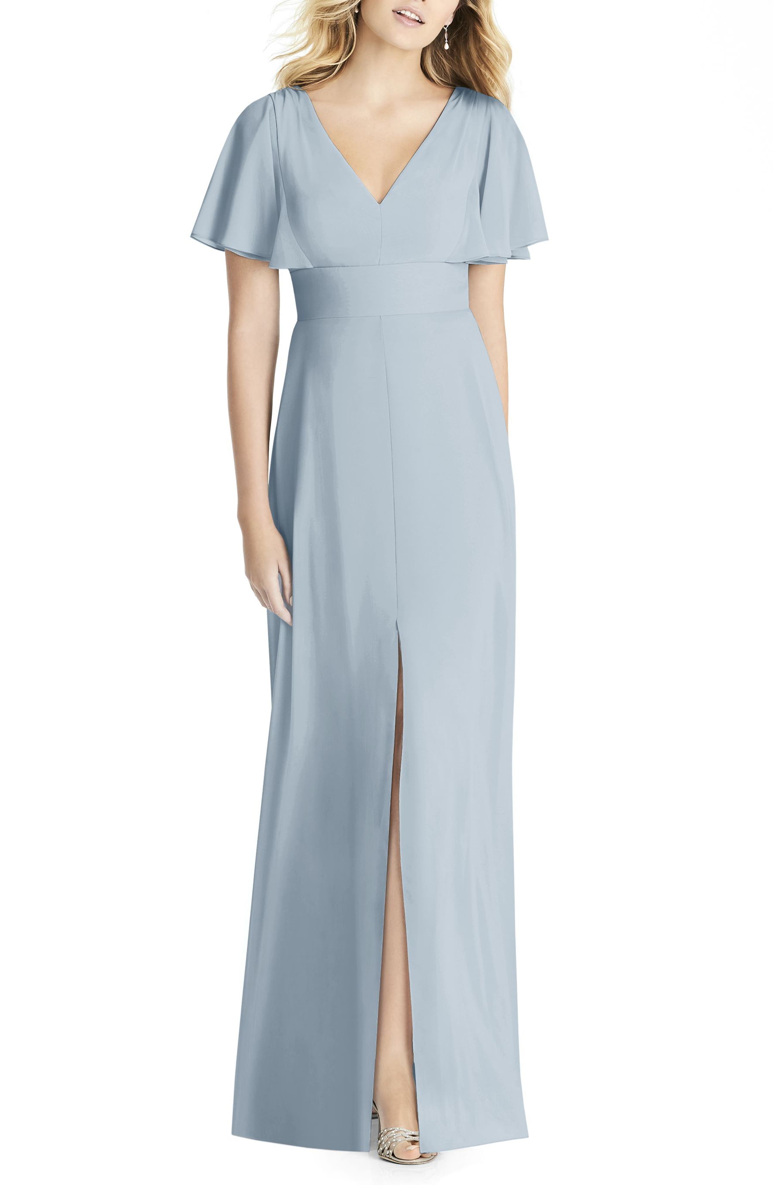 Social Bridesmaids Split Sleeve Chiffon Gown, Blue