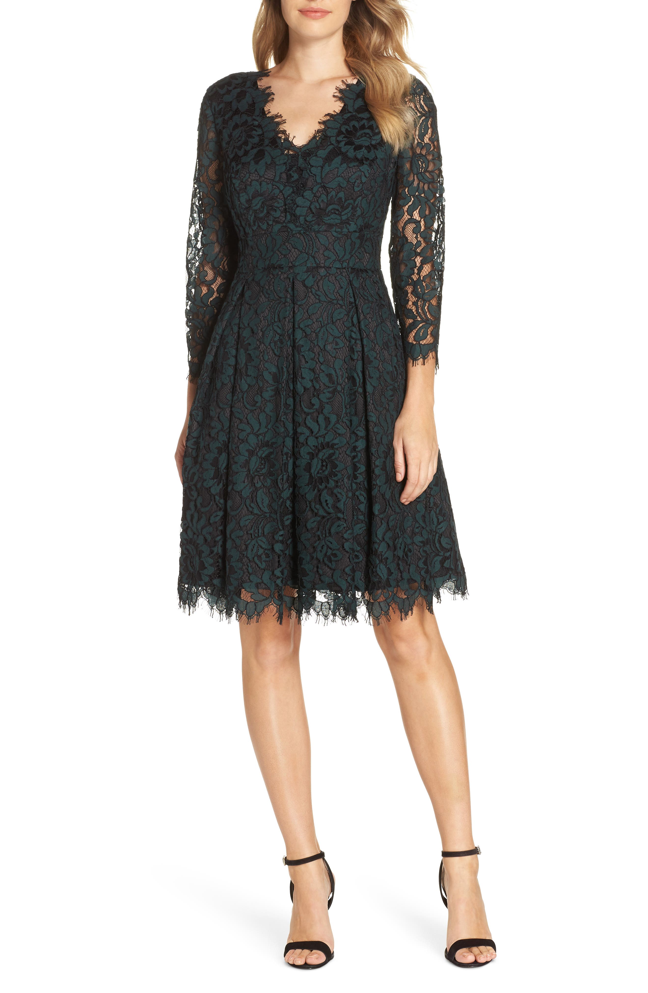 Eliza J Lace V-Neck Fit & Flare Dress, Green