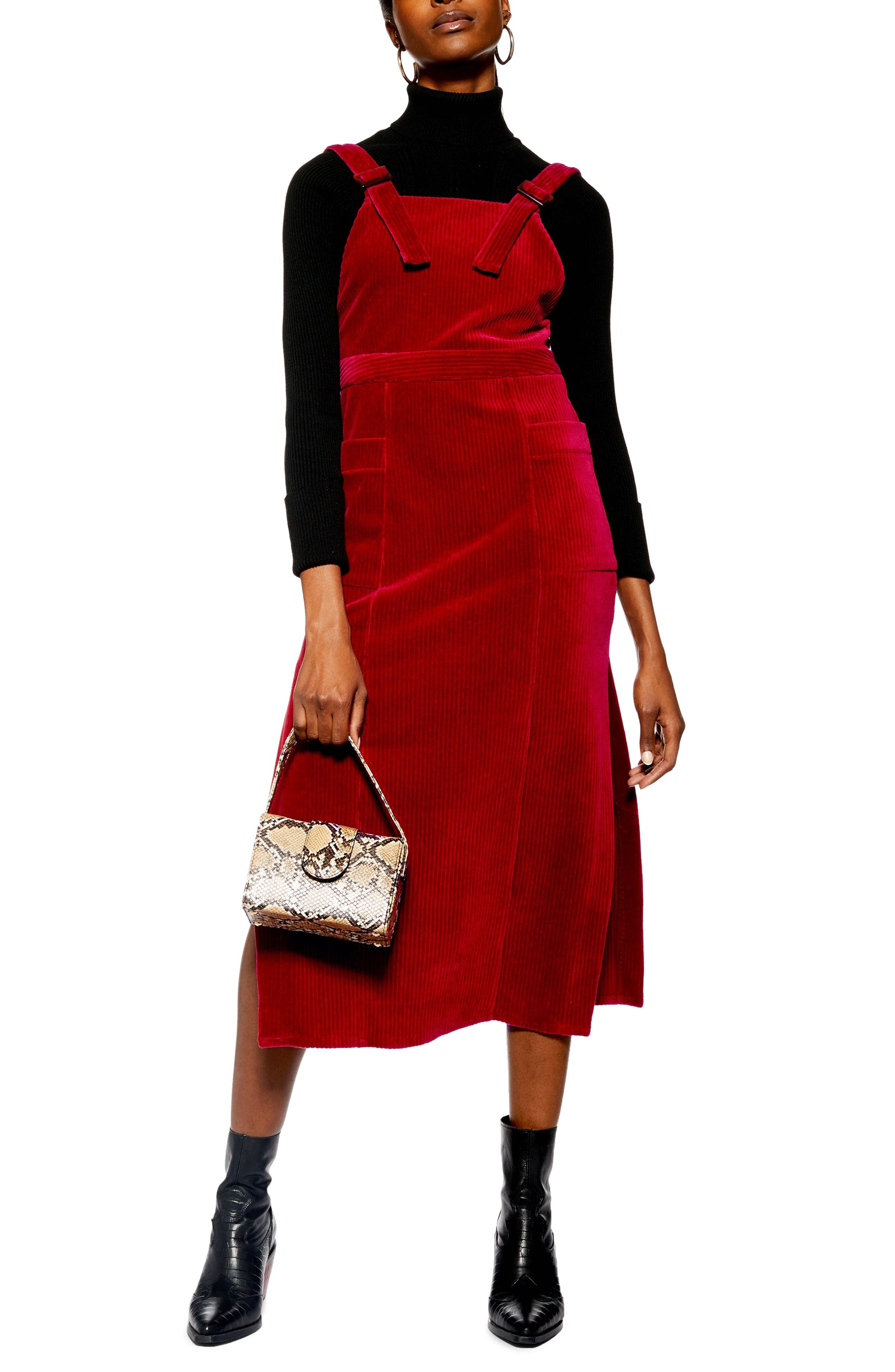 Topshop Corduory Pinafore Midi Dress, US (fits like 0) - Burgundy