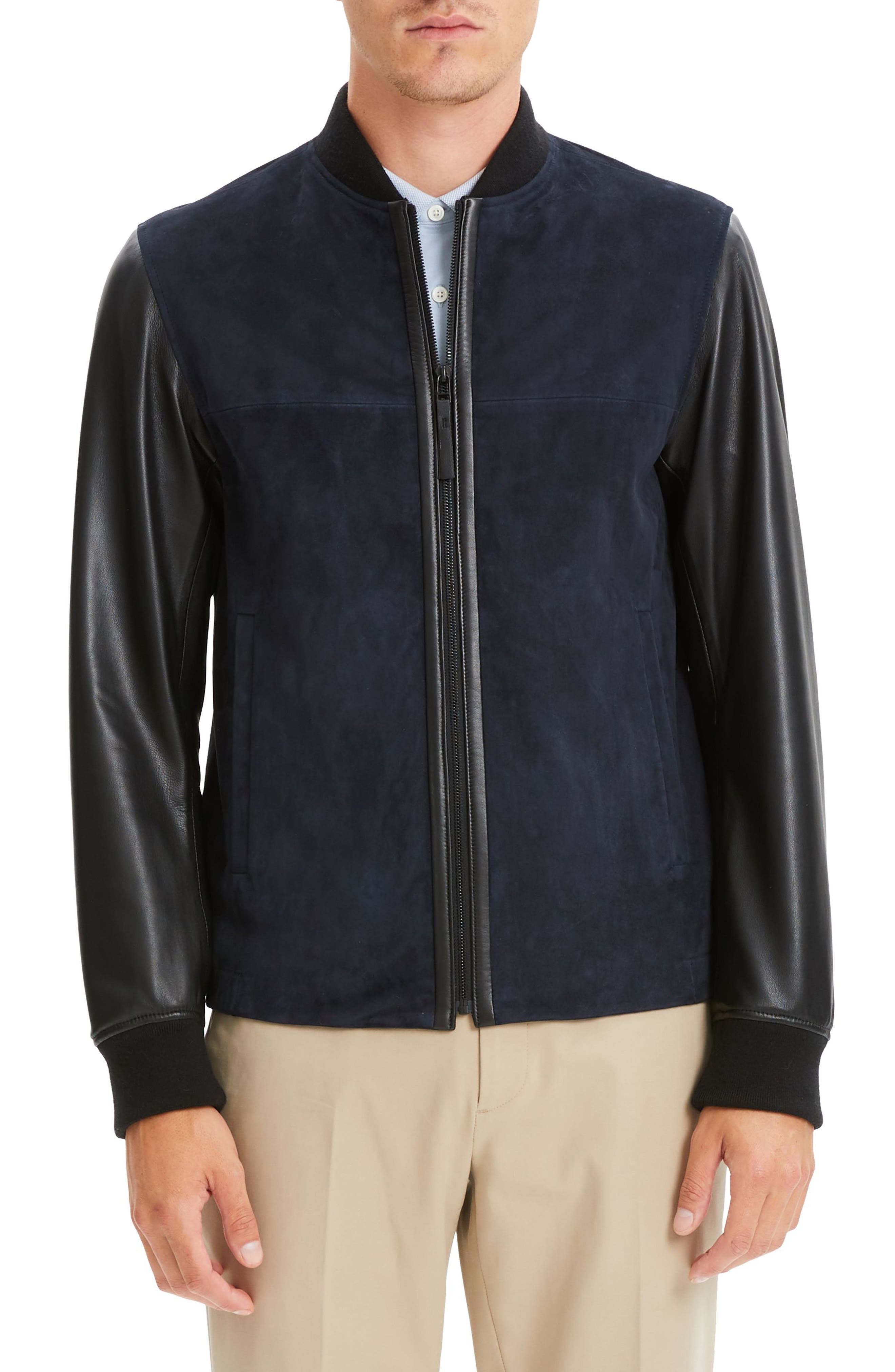Theory Amir Regular Fit Suede & Leather Bomber Jacket, Black