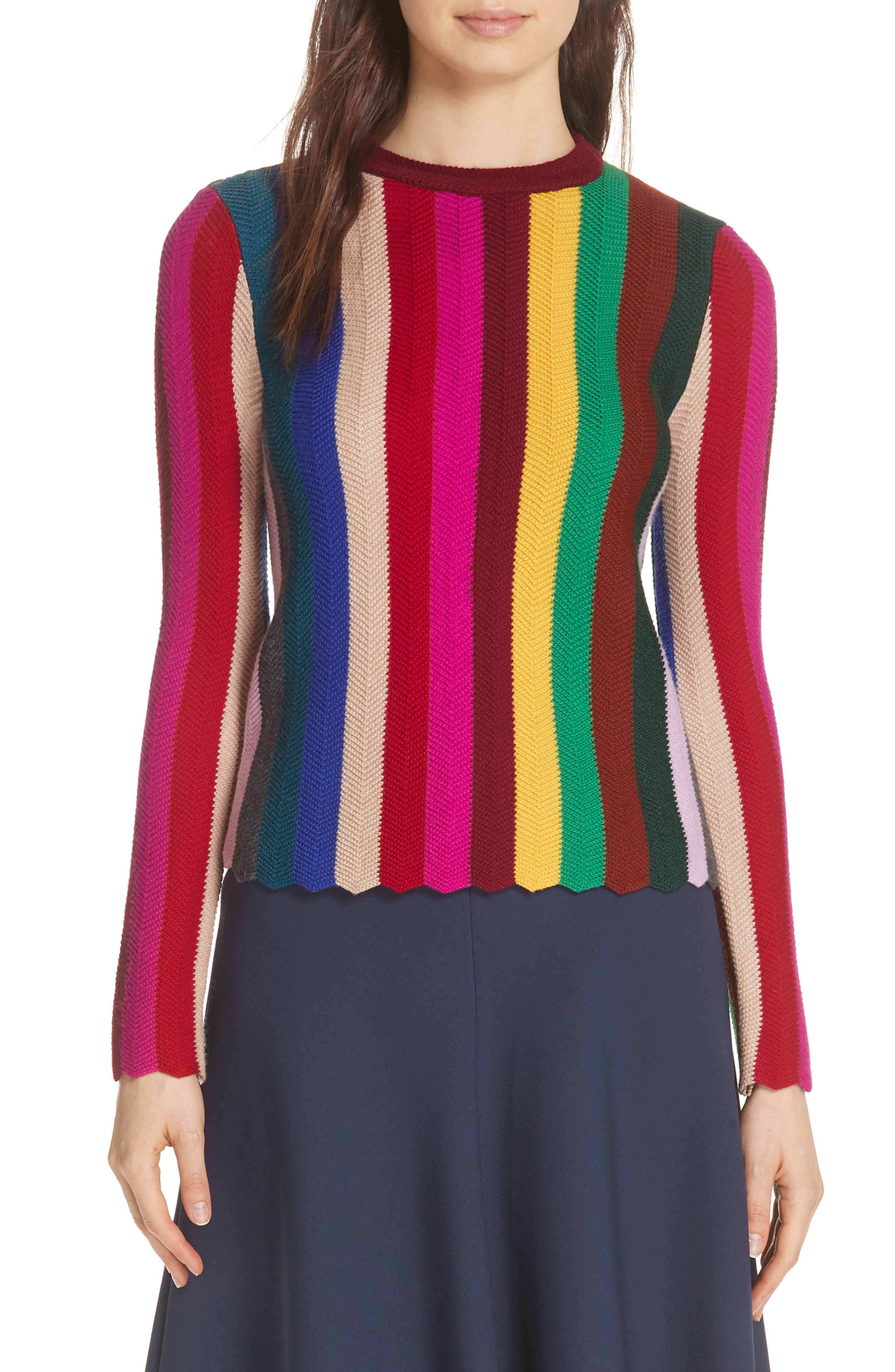 Milly Chevron Vertical Stripe Wool Blend Scallop Hem Sweater | Nordstrom