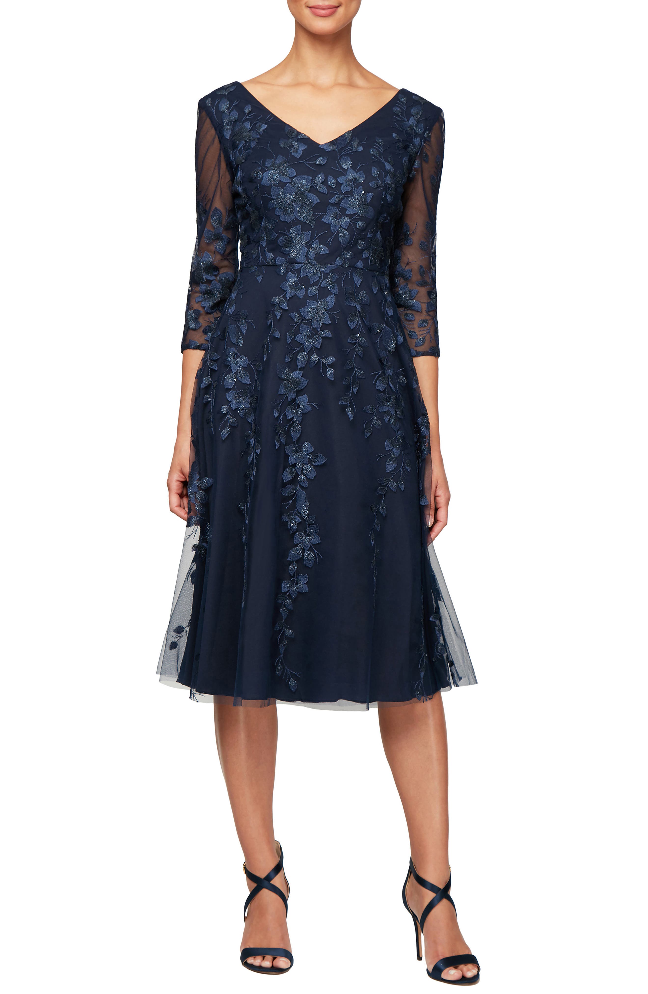 Alex Evenings V-Neck Embroidered Mesh Cocktail Dress, Blue