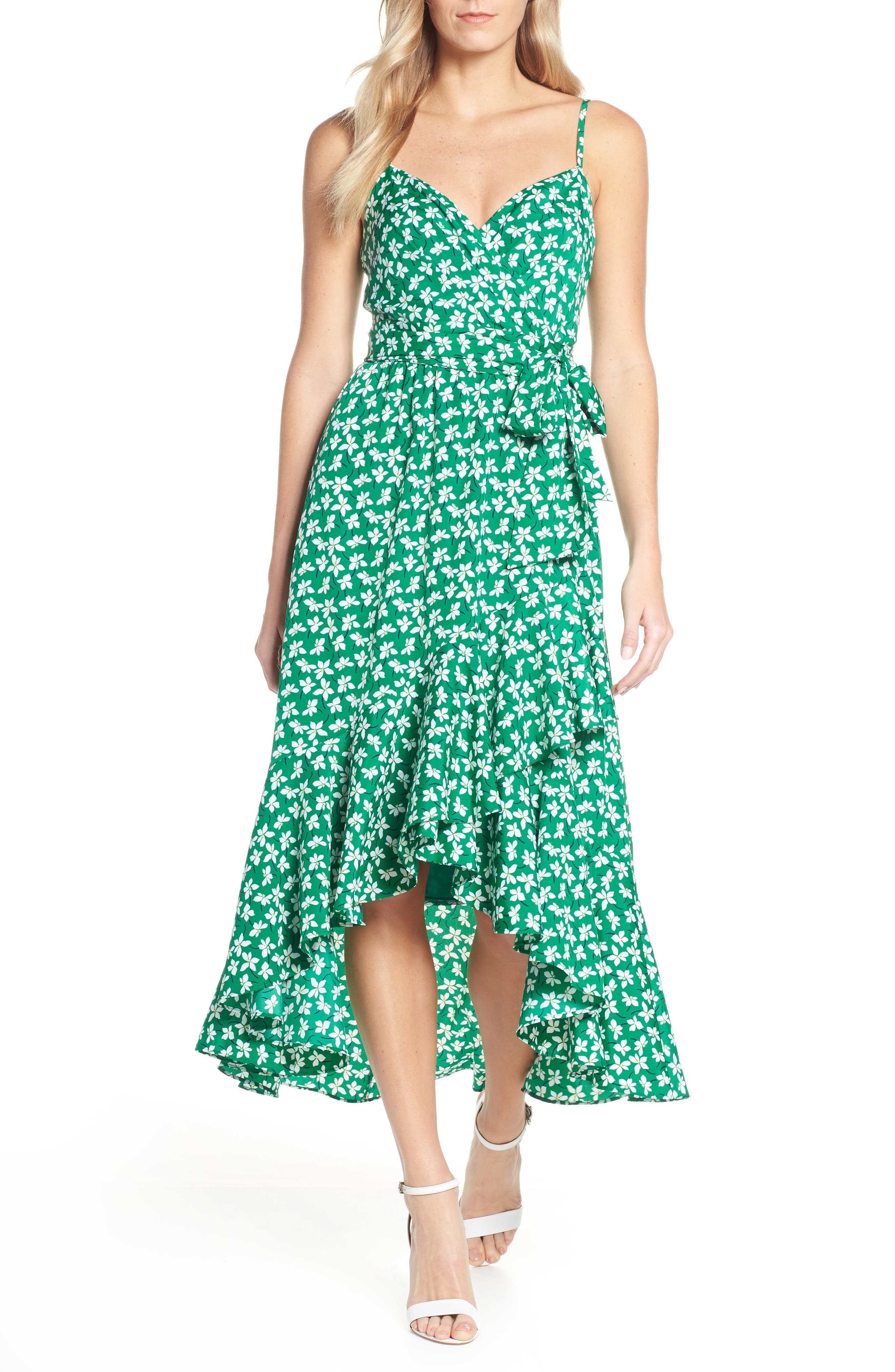 Eliza J Floral High/low Faux Wrap Dress, Green