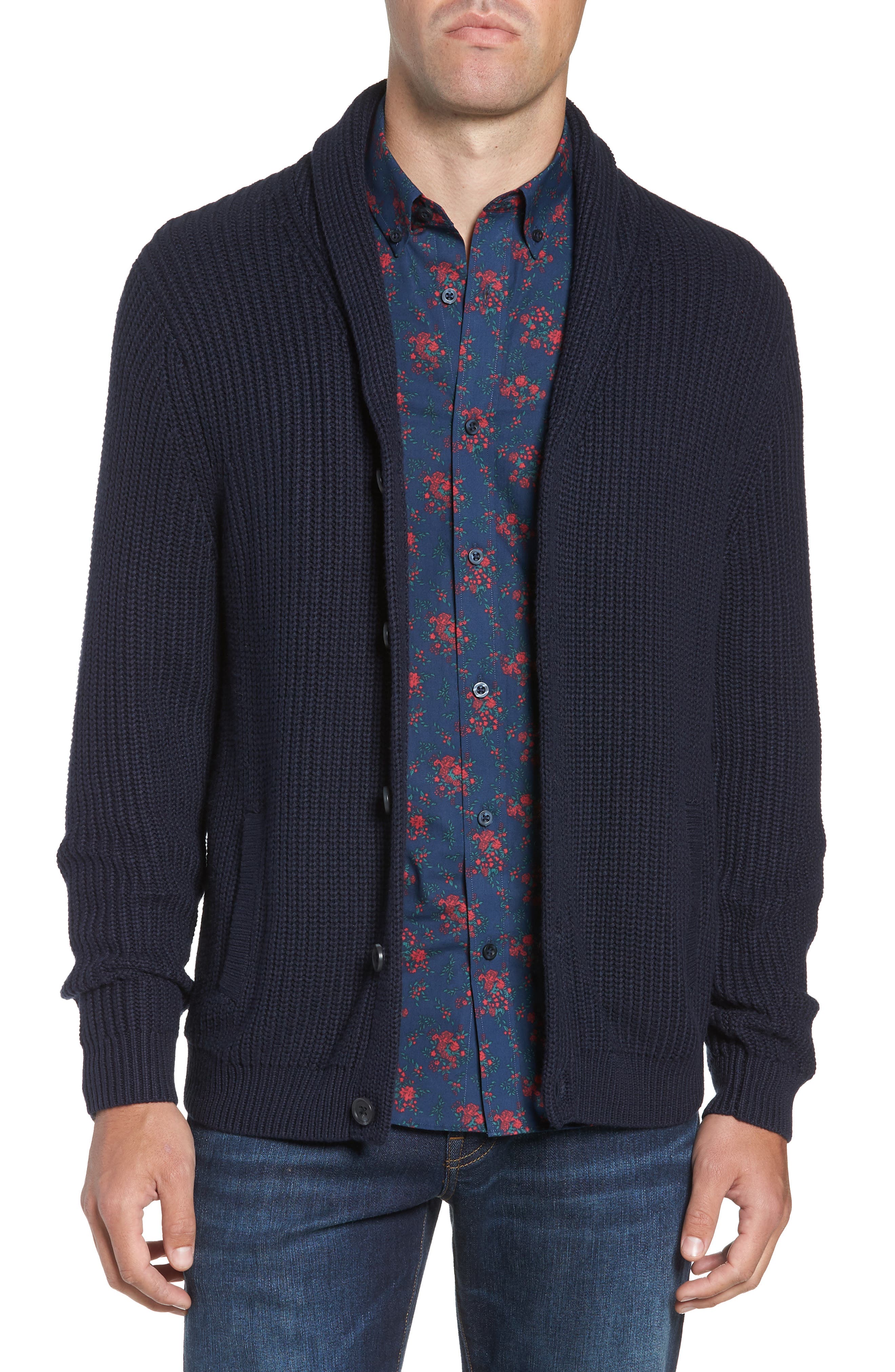 Nordstrom Shop Chunky Rib Shawl Collar Cardigan, Blue