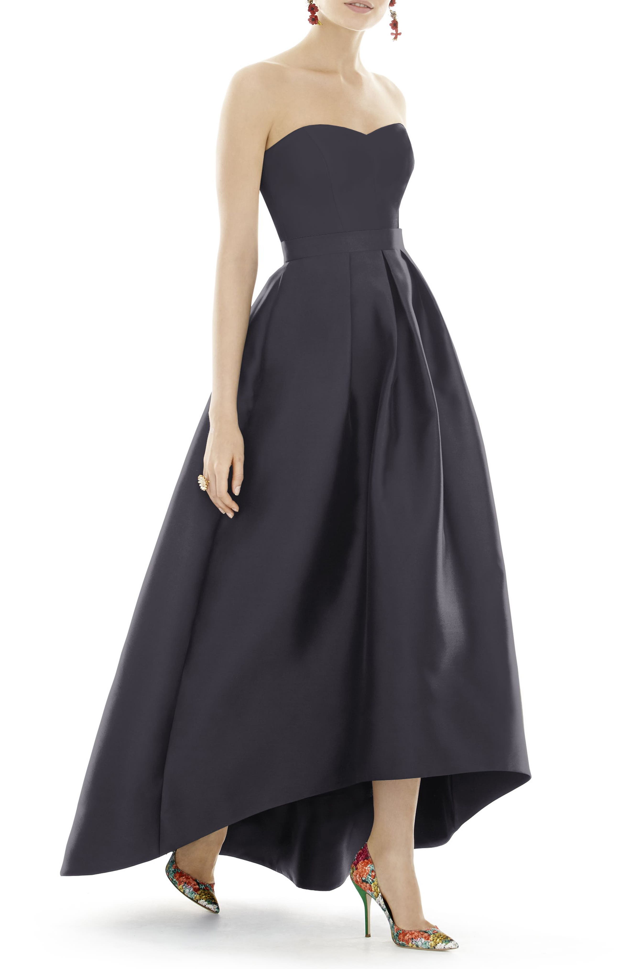Alfred Sung Strapless High/low Satin Twill Ballgown, Black