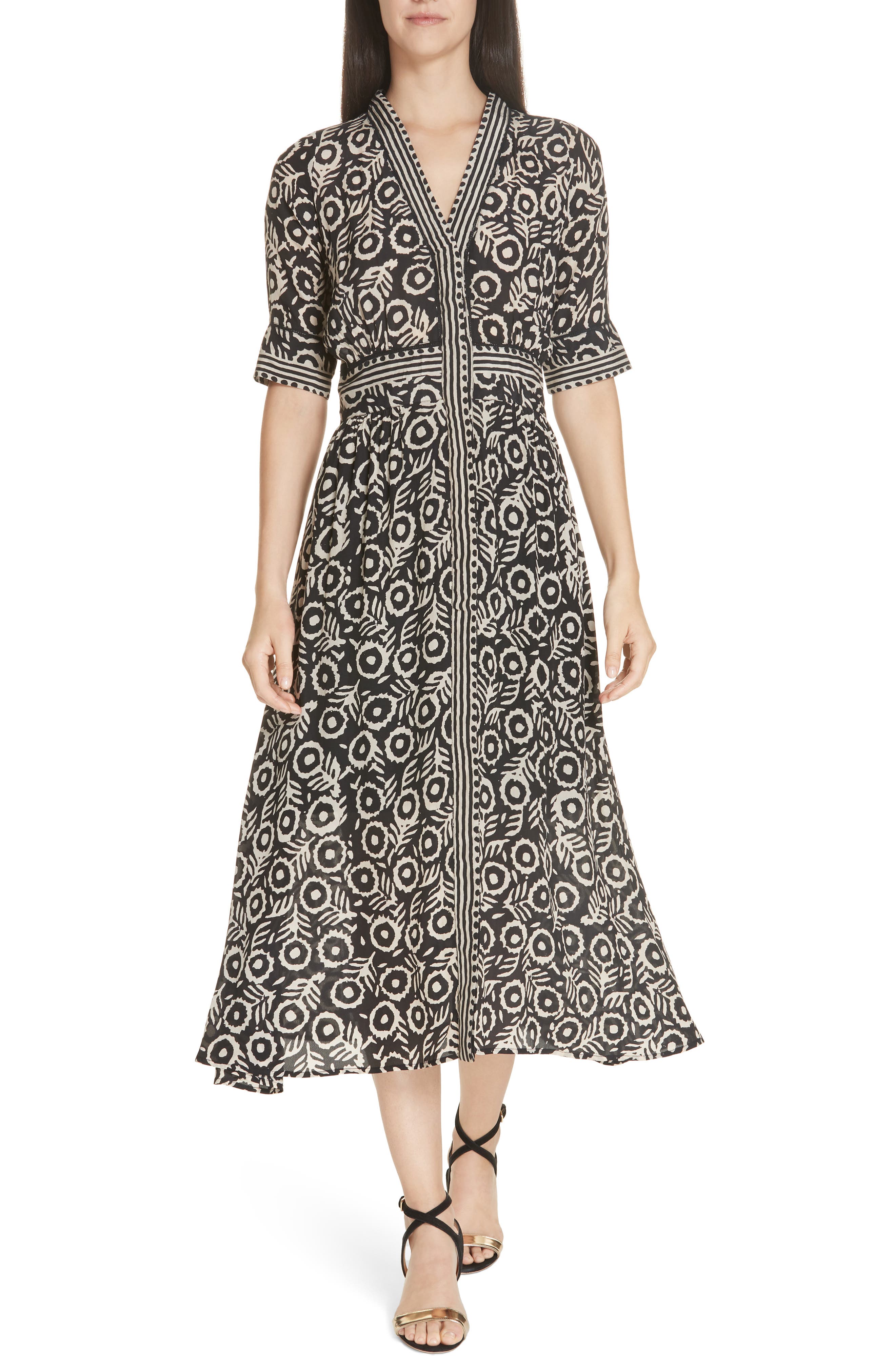 Sea Emi Print Stretch Cotton Midi Dress, Black